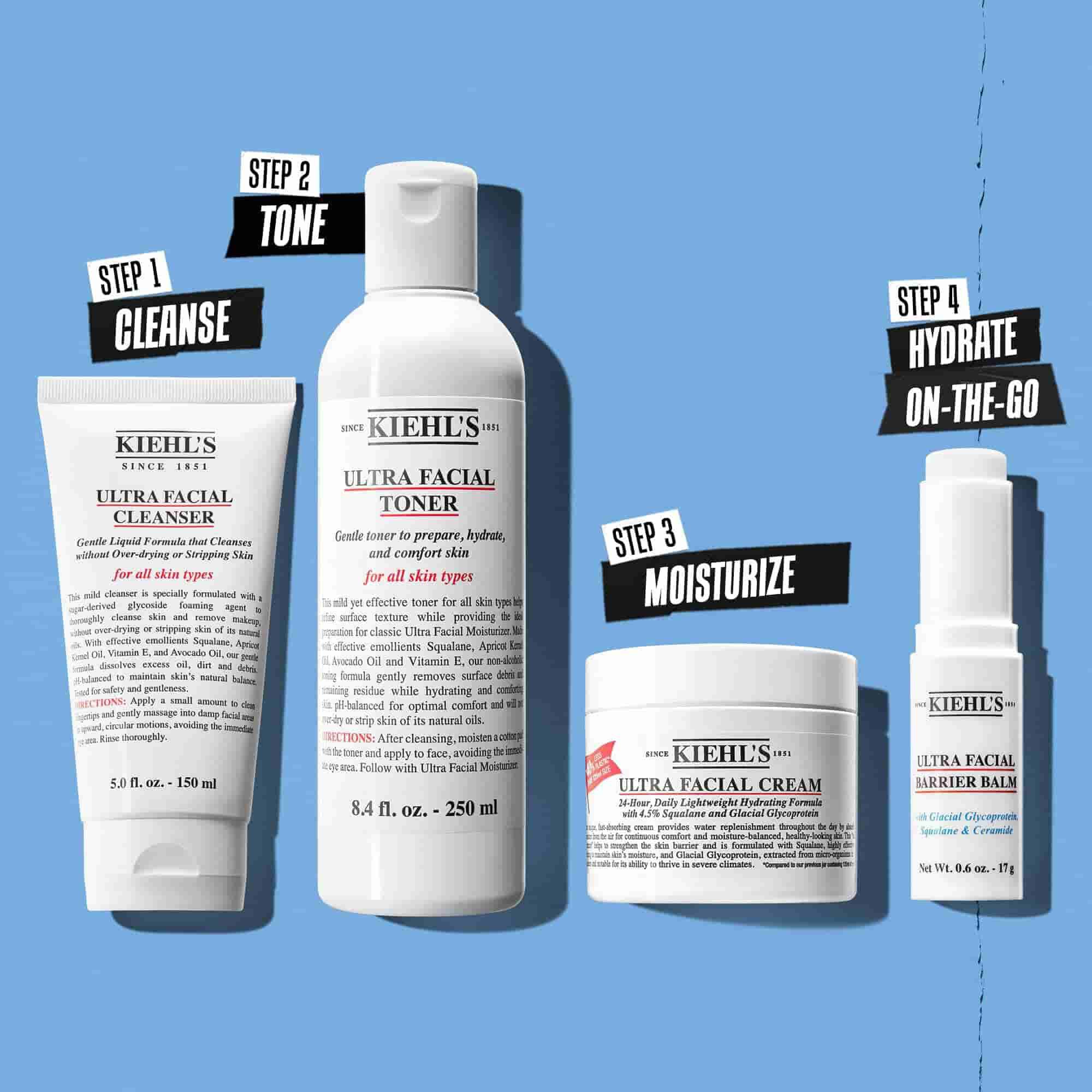 Illustrasjon av rutine med Kiehl's Ultra Facial Cleanser – Rens, Tone, Fukt, Fugt på farten