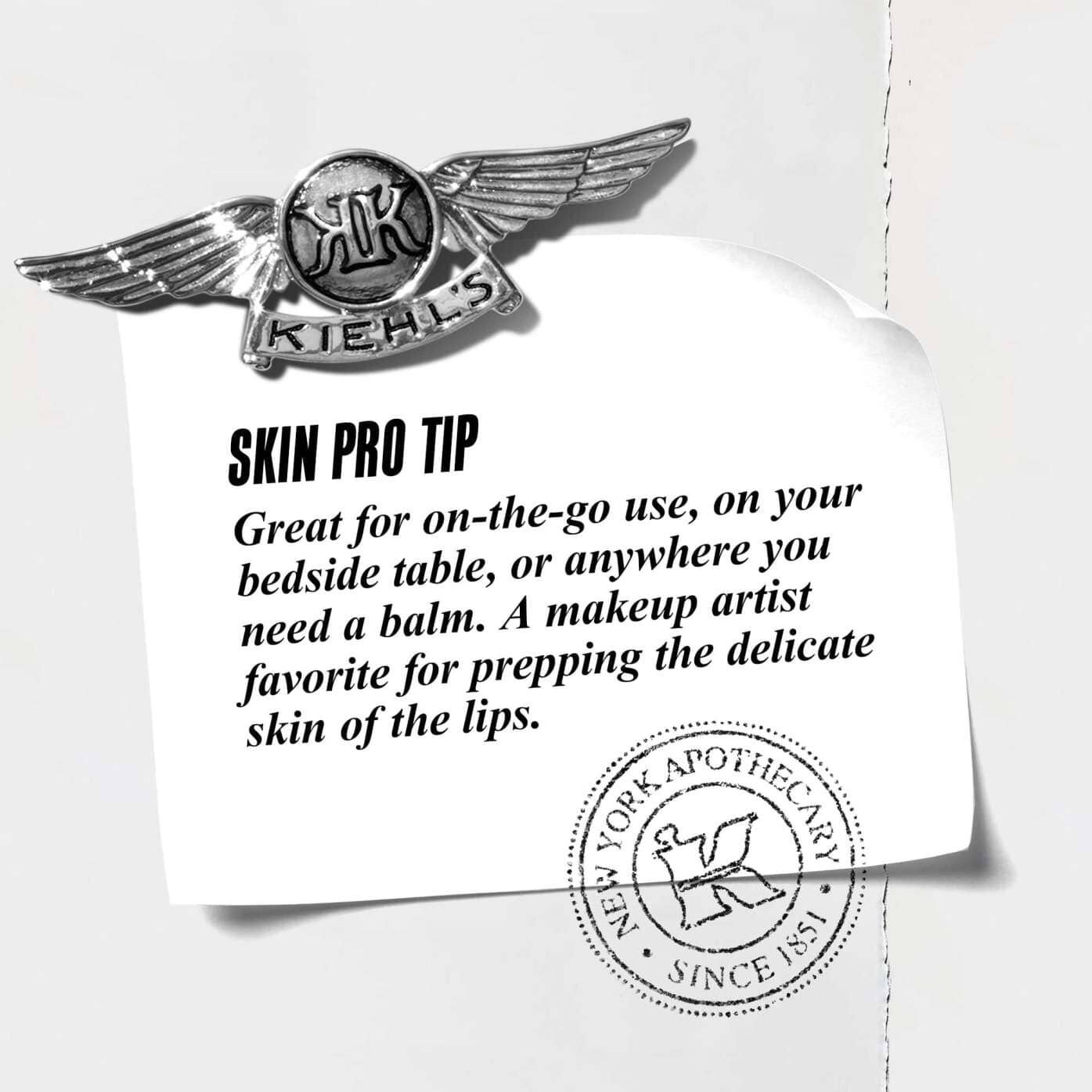 En grafikk med teksten "Eksperttips: Flott for bruk på farten, på nattbordet eller hvor som helst du trenger en pomade. En favoritt blant makeupartister for å preppe den delikate huden på leppene."