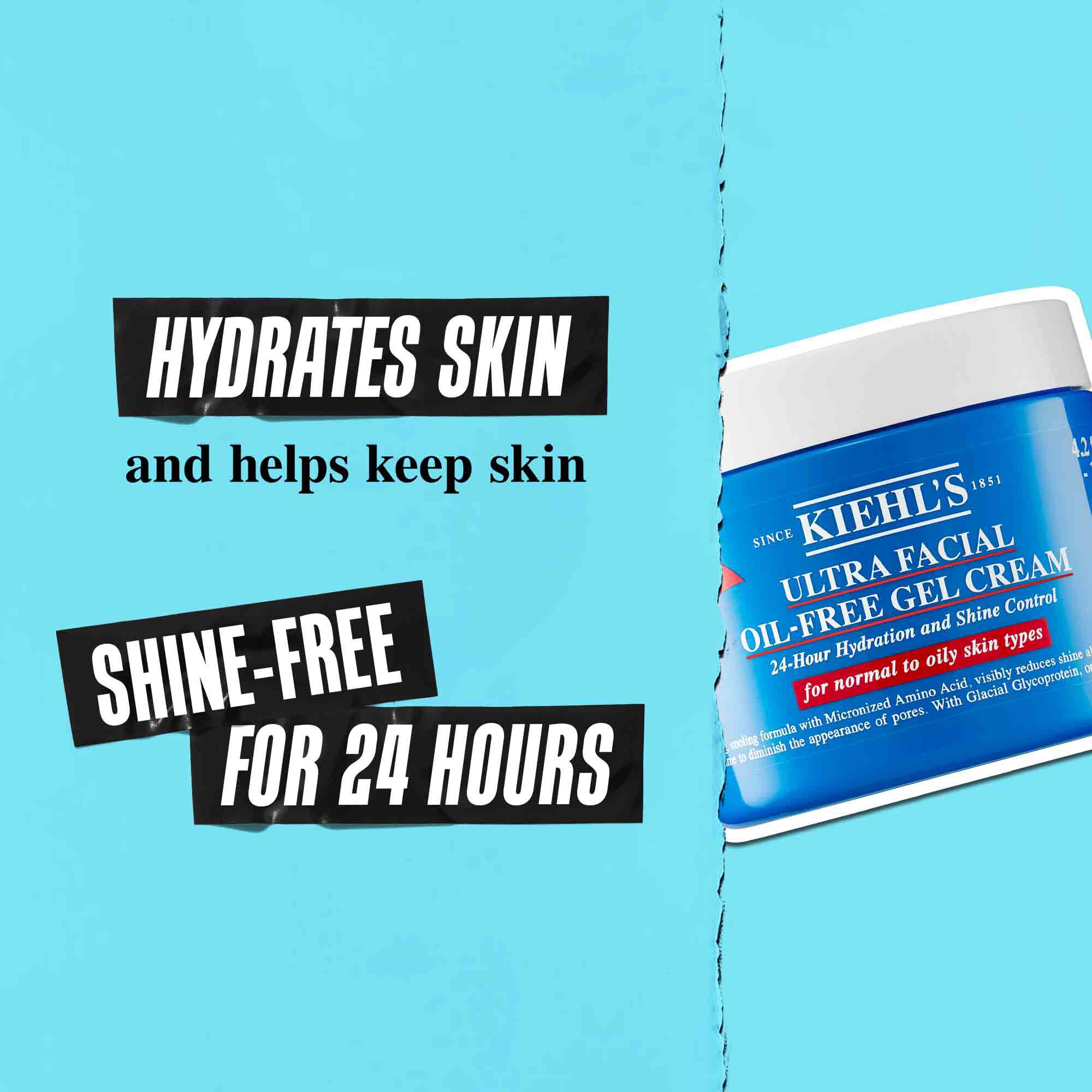 En krukke med Ultra Facial Oil-Free Gel Cream mot en blå bakgrunn med teksten: "Fukter huden og bidrar til å holde huden glansfri i 24 timer."