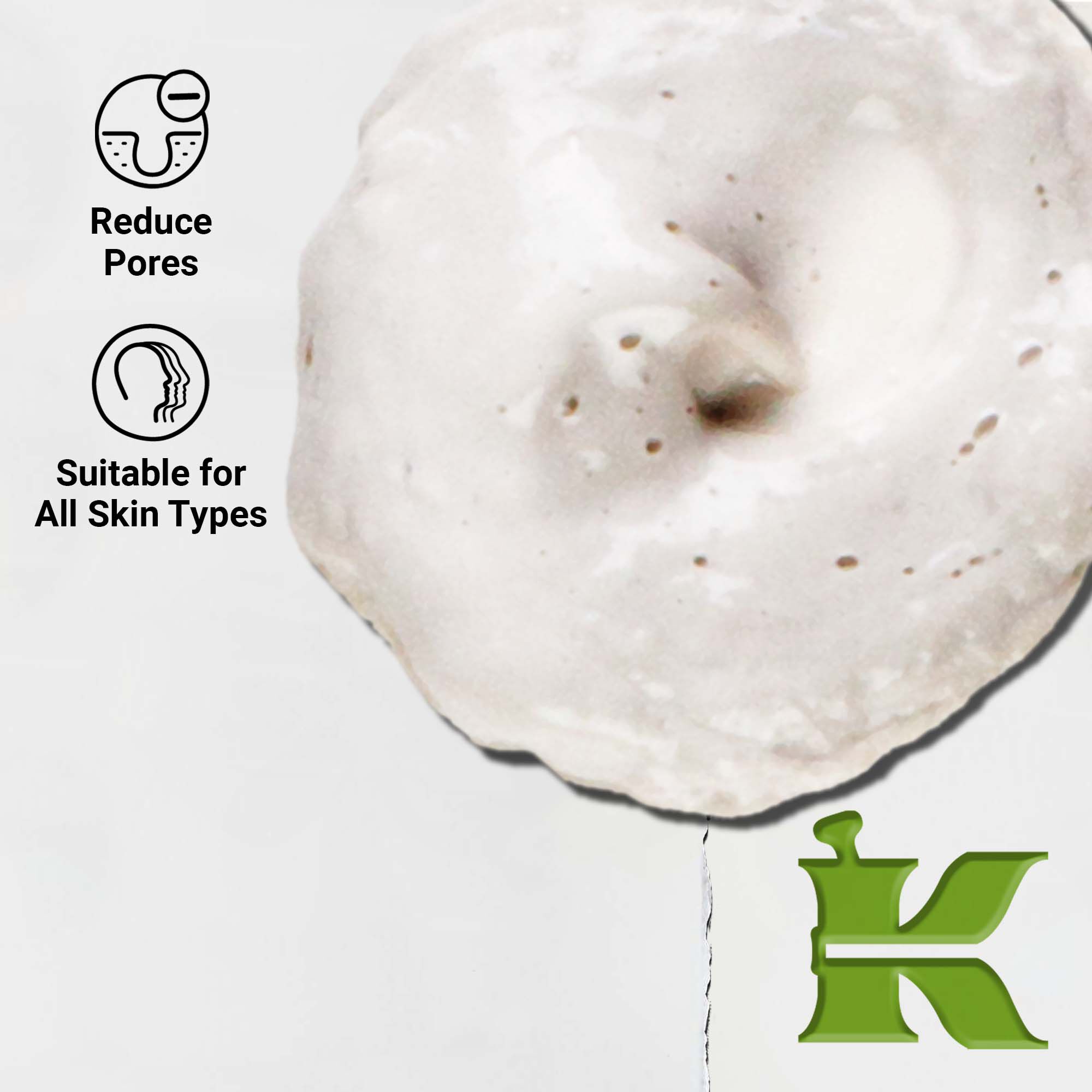 Naerbilde av Rare Earth Deep Pore Daily Cleanser-tekstur. Tekst fremhever dens dyprensende egenskaper og at den passer for alle hudtyper.