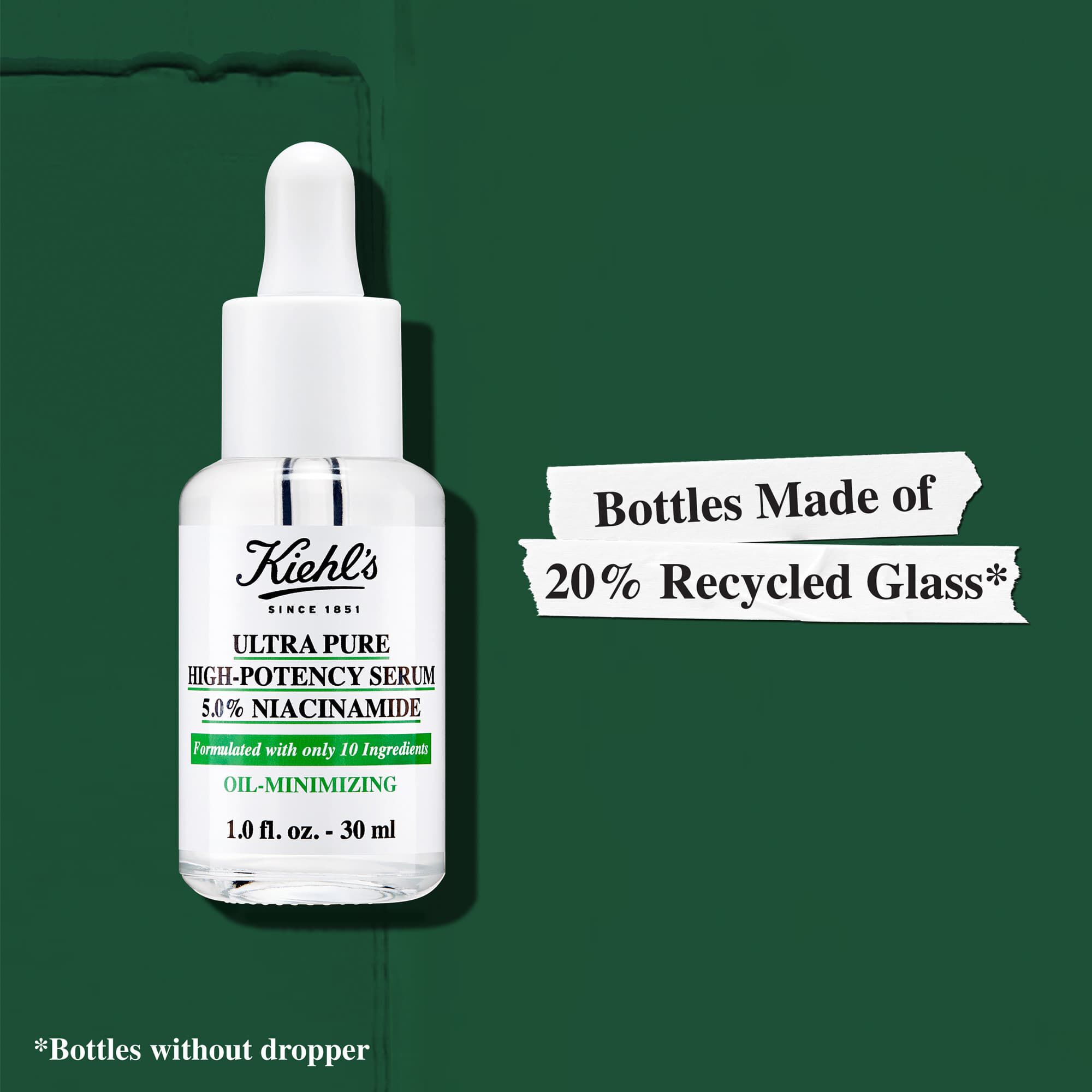 Flaskene til Kiehl's Ultra Pure High-Potency Serum er laget av 20 % resirkulert glass