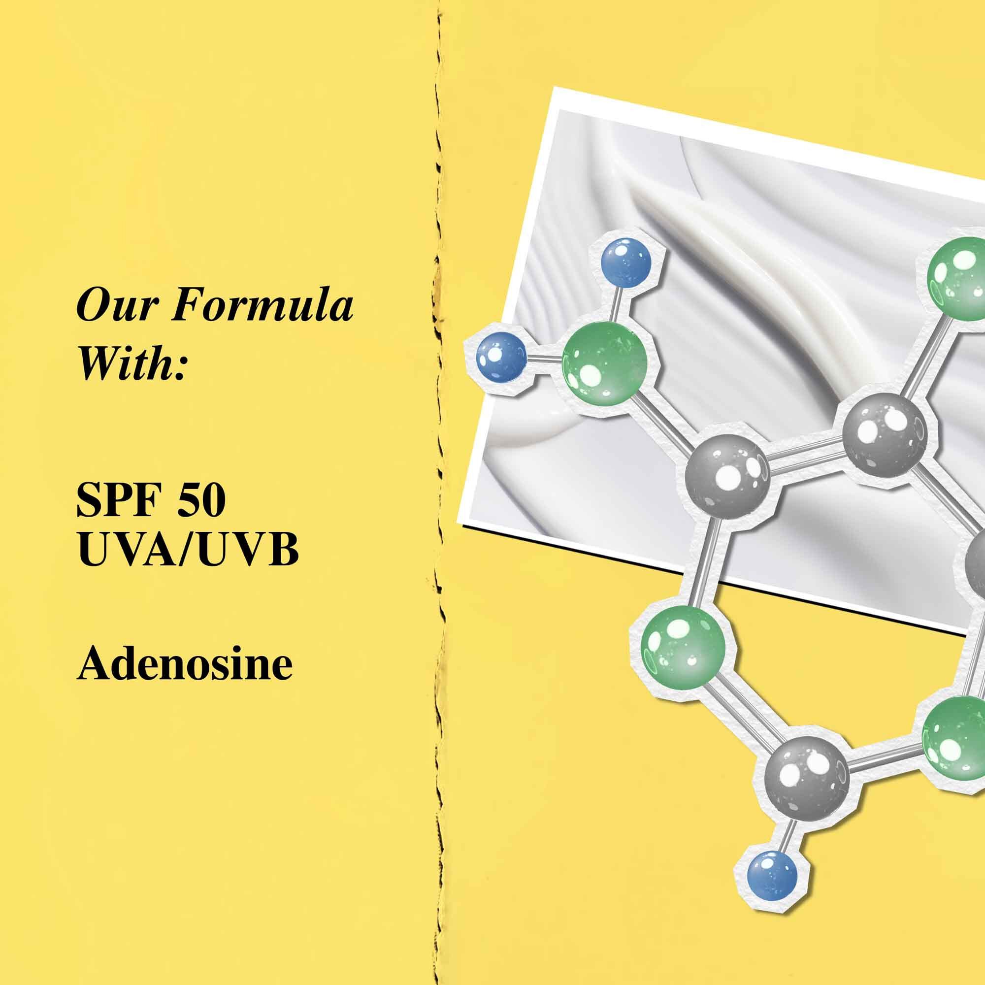 Grafikk over nøkkelingredienser: SPF 50 og adenosin.