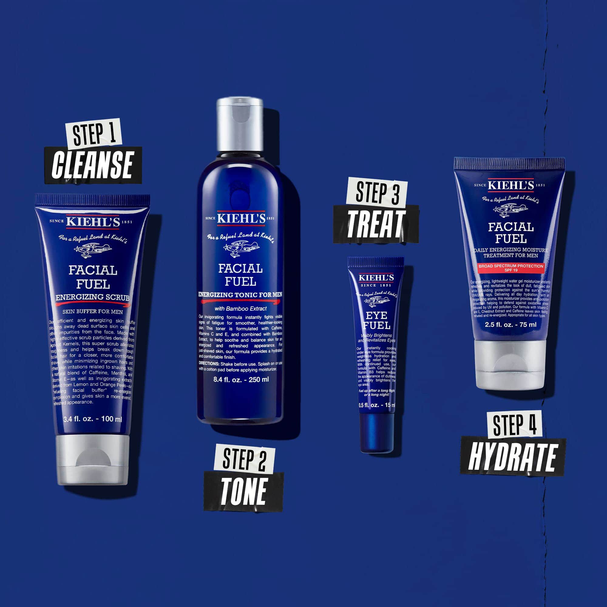 Rutine med fire produkter for rensing, toning, pleie og fukt.