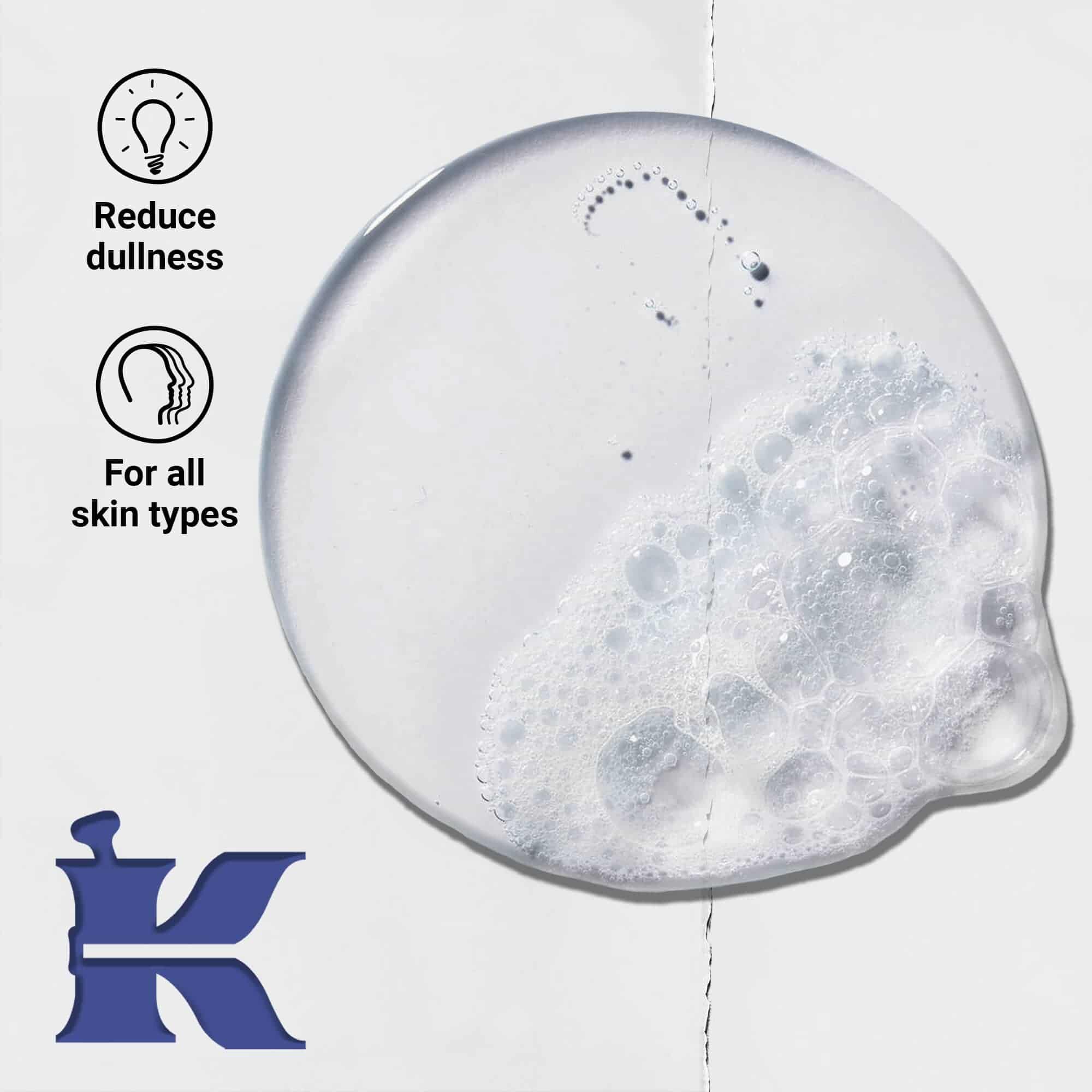 Bilde av Facial Fuel-tekstur med ikoner som viser at den frisker opp livløs hud og passer for alle hudtyper