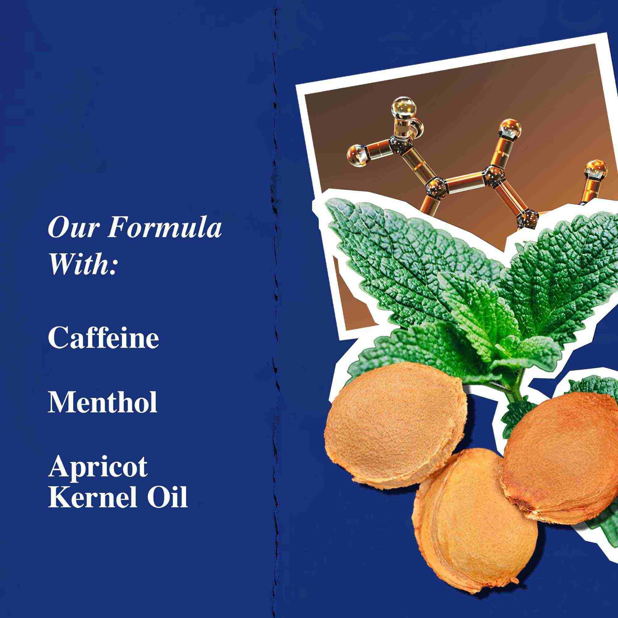Grafikk over nøkkelingredienser: koffein, mentol og aprikoskjerneolje.