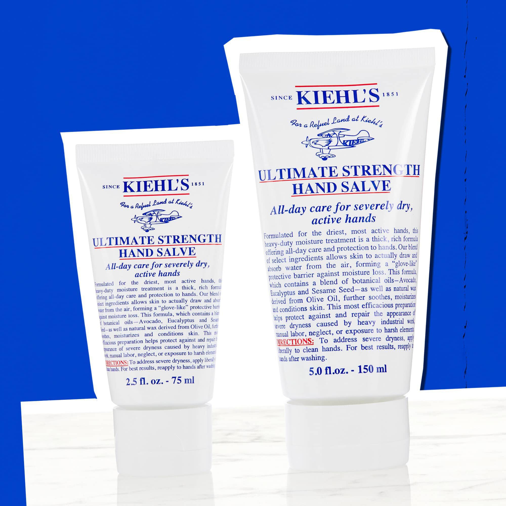 To tuber med Kiehl's Ultimate Strength Hand Salve som viser tilgjengelige størrelser
