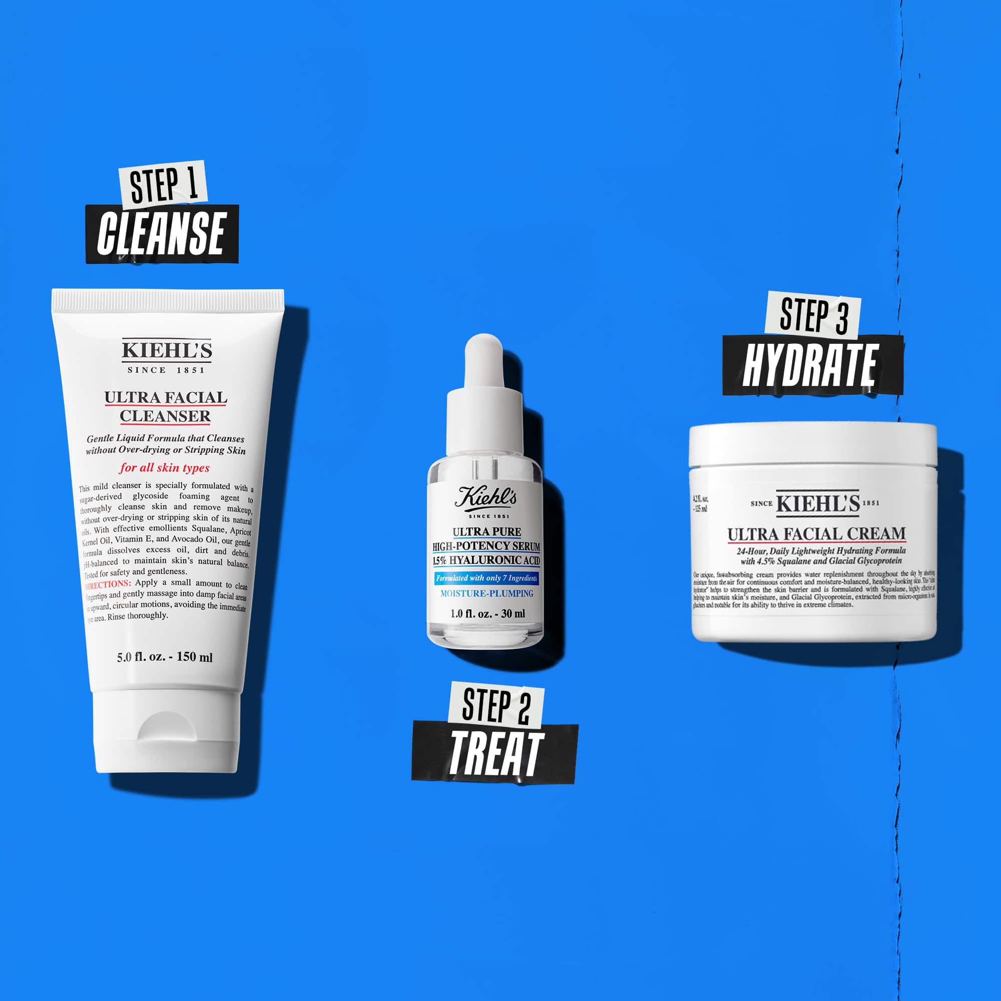 En tre-trinns rutine med Kiehl's produkter. Trinn 1: Ultra Facial Cleanser. Trinn 2: Hyaluronsyre Serum. Trinn 3: Ultra Facial Cream.