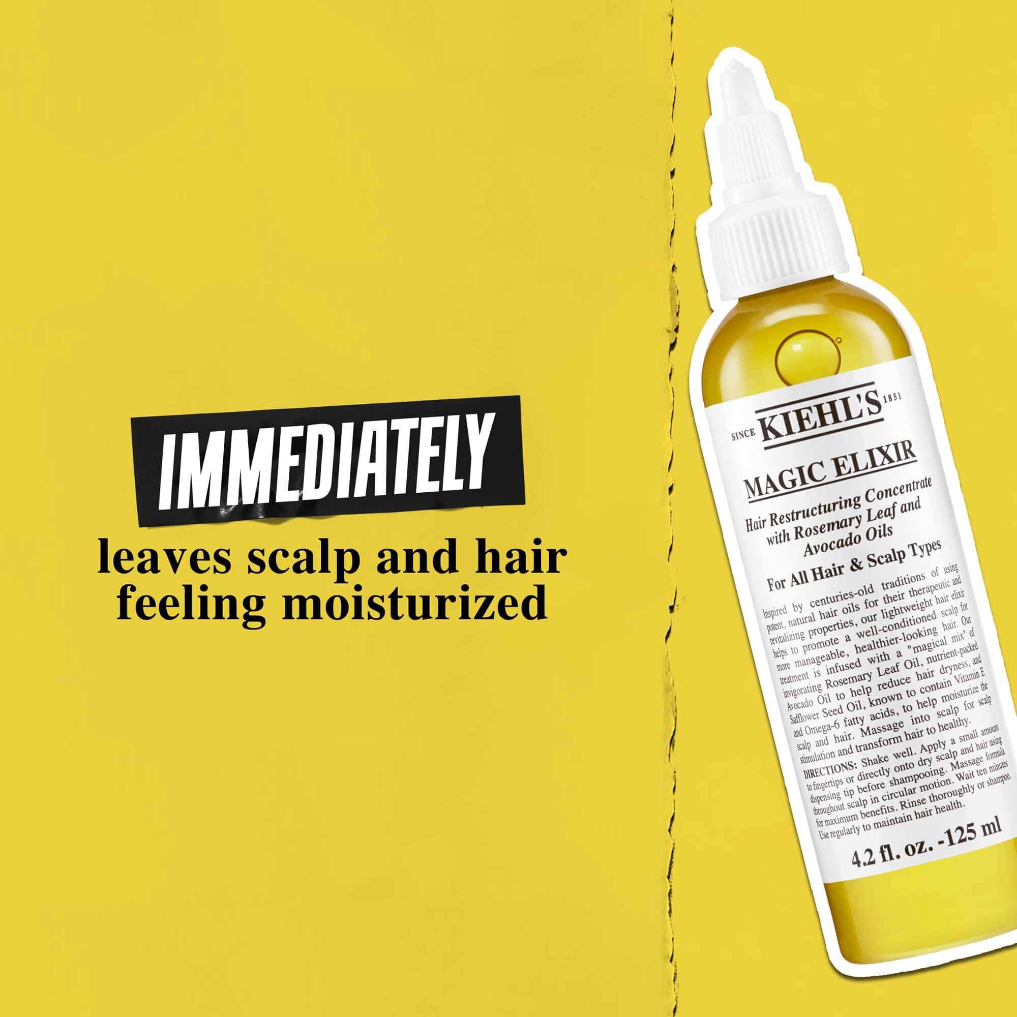 En flaske Magic Elixir Hair Oil mot en gullbakgrunn med teksten: "Etterlater umiddelbart hodebunn og hår fuktet."