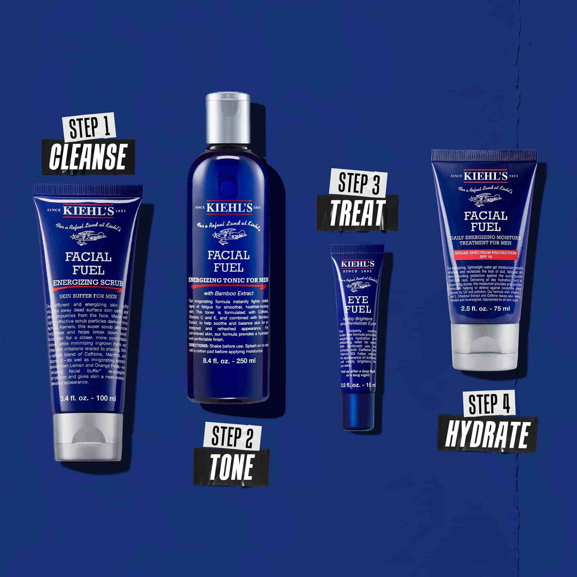 Rutine med fire produkter for rensing, toning, pleie og fukt.