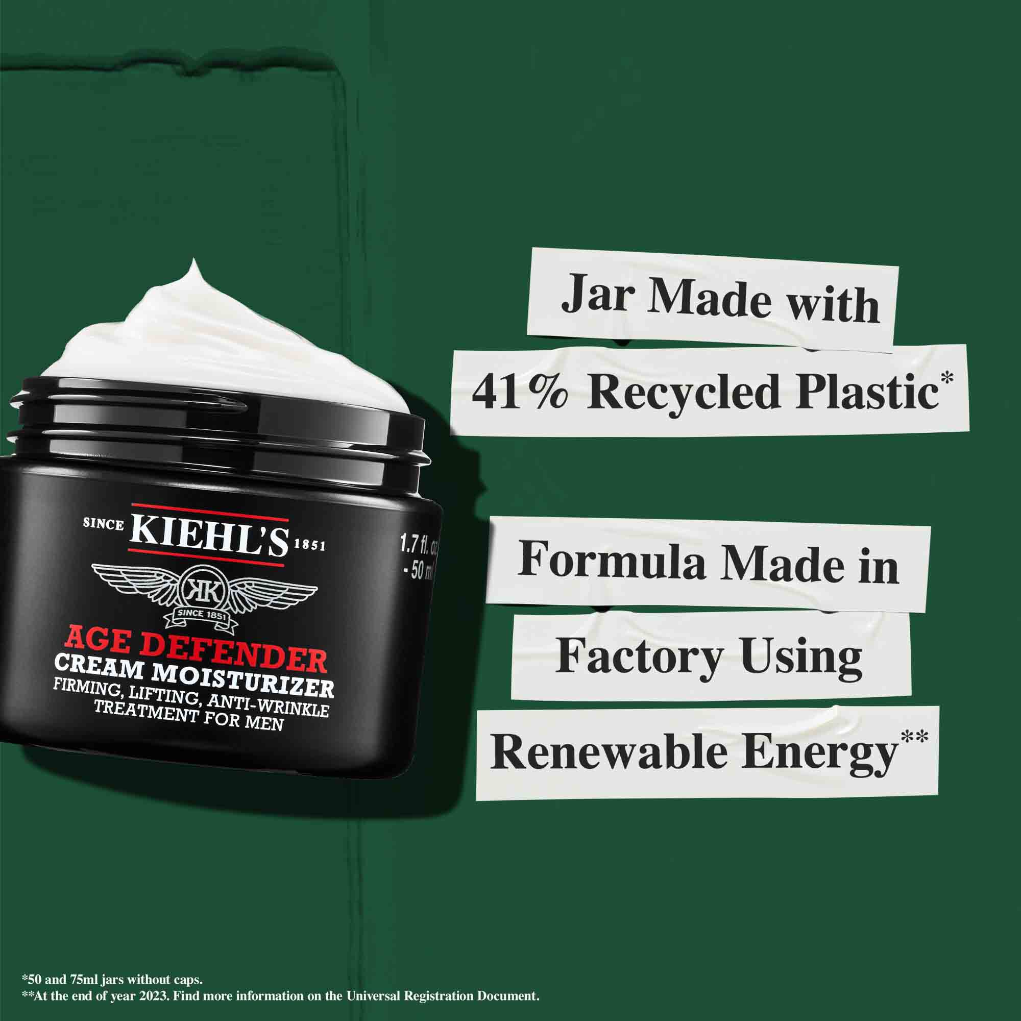 Age Defender-krukke laget av 41 % resirkulert plast; formel produsert med fornybar energi.