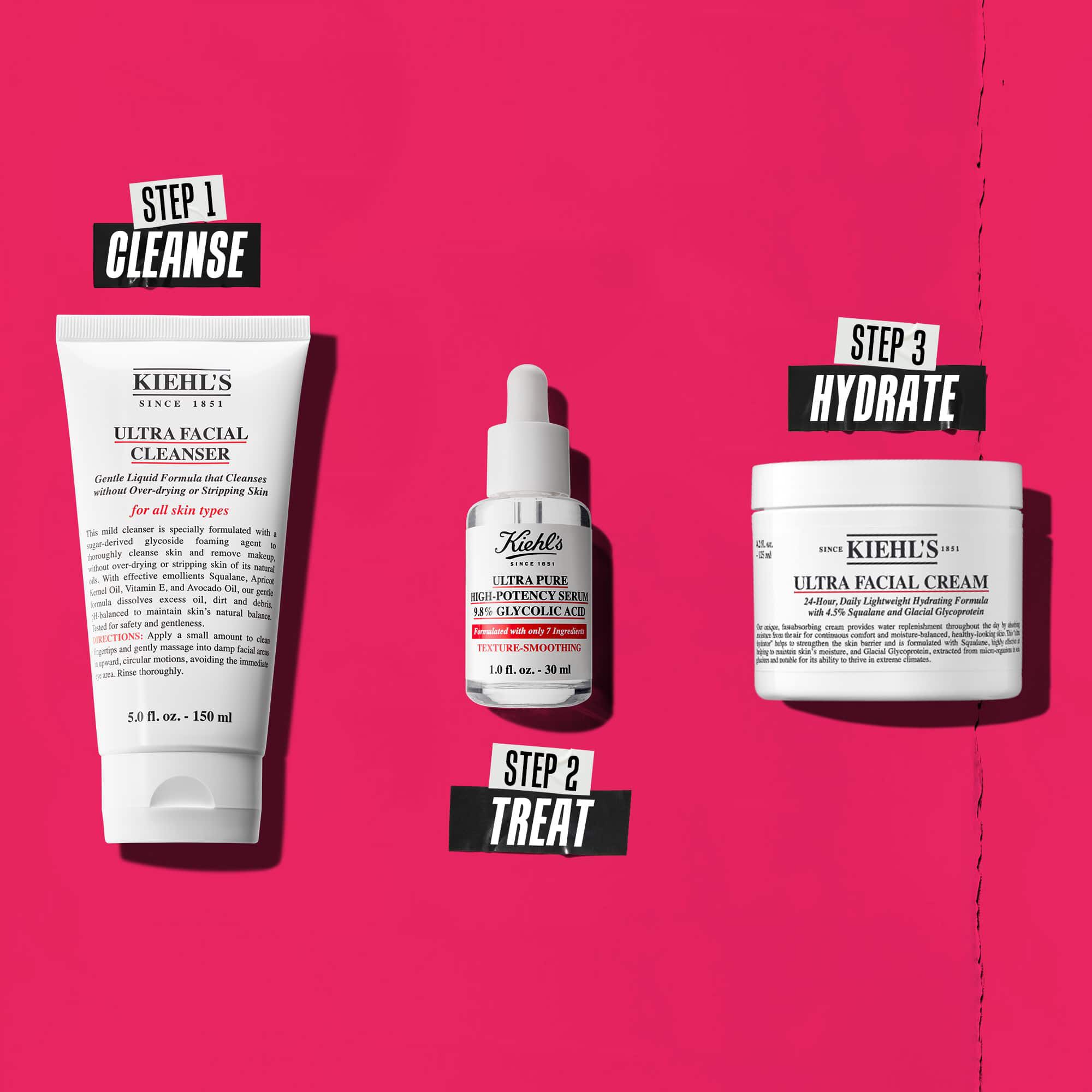 En tre-trinns rutine med Kiehl's produkter. Trinn 1: Ultra Facial Cleanser. Trinn 2: Glykolsyre Serum. Trinn 3: Ultra Facial Cream.
