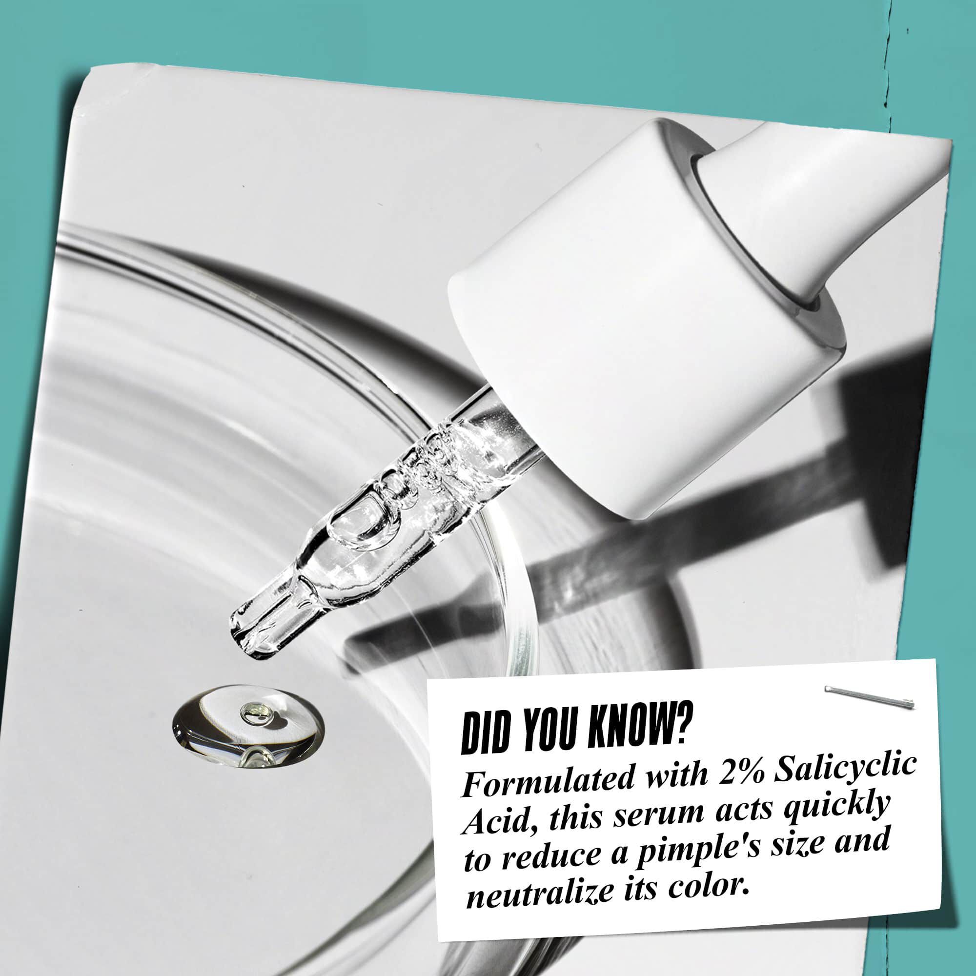 En pipette som doserer Truly-Targeted Blemish-Clearing Solution i en glasskål med teksten "Visste du at? Formulert med 2 % salisylsyre for å redusere kvisenes størrelse og nøytralisere fargen."