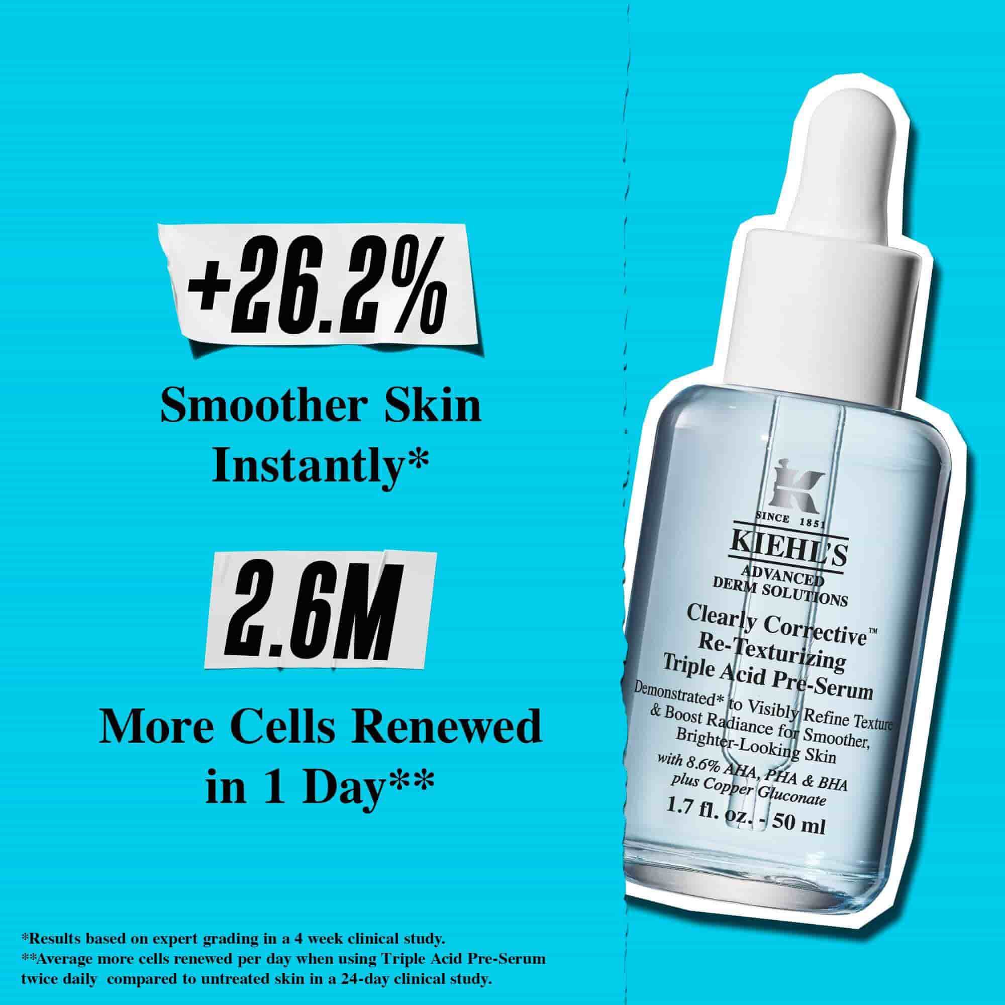 En flaske Clearly Corrective Triple Acid Peel mot en blå bakgrunn med teksten: "+41 % glattere tekstur."