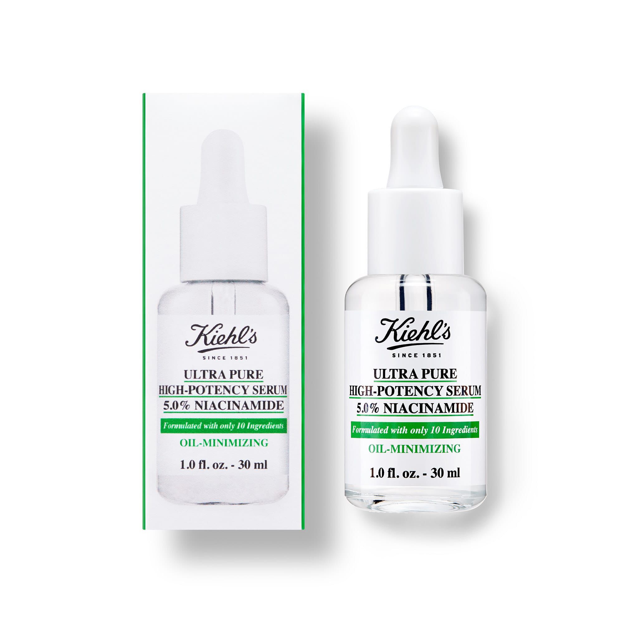 Flaske og eske med Kiehl's Ultra Pure High-Potency Serum 5,0 % Niacinamide