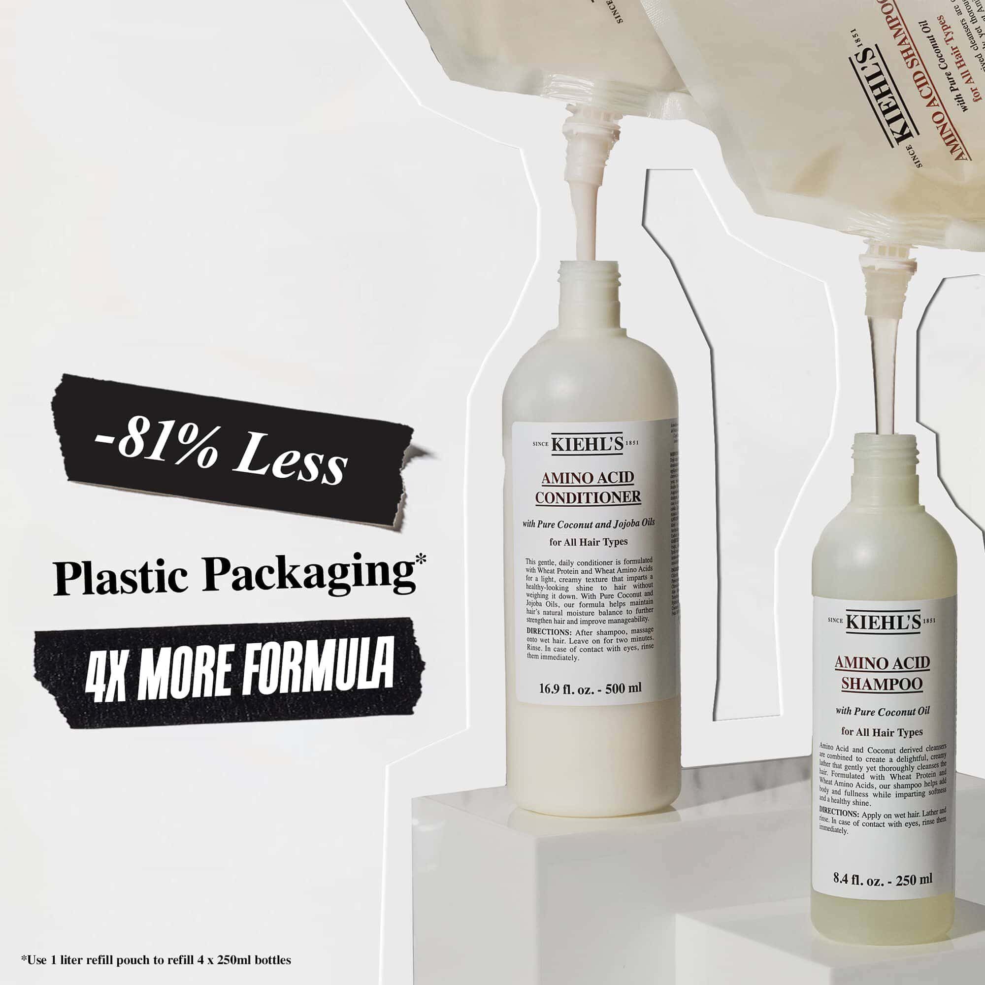 Kiehl's Amino Acid sjampo- og balsamflasker med kampanjetekst som fremhever 81 % mindre plastemballasje og 4 ganger mer formel.