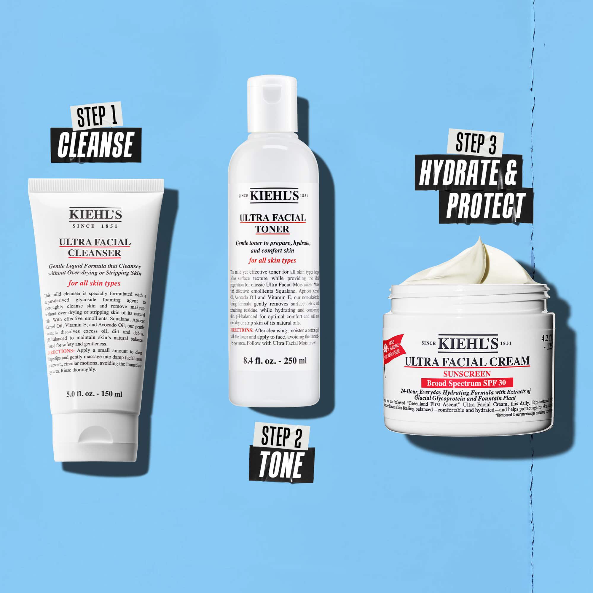 En tre-trinns rutine med Kiehl's produkter. Trinn 1: Ultra Facial Cleanser. Trinn 2: Ultra Facial Toner. Trinn 3: Ultra Facial Cream SPF 30.