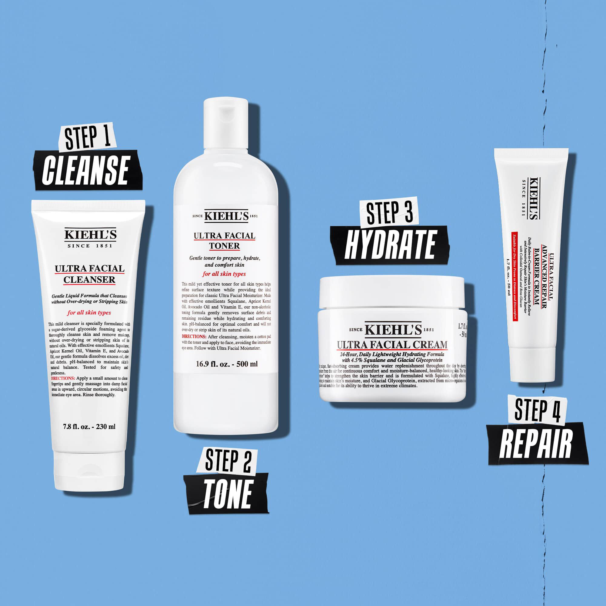 Illustrasjon av rutine med Kiehl's Ultra Facial – Rens, Tone, Fugt, Reparer