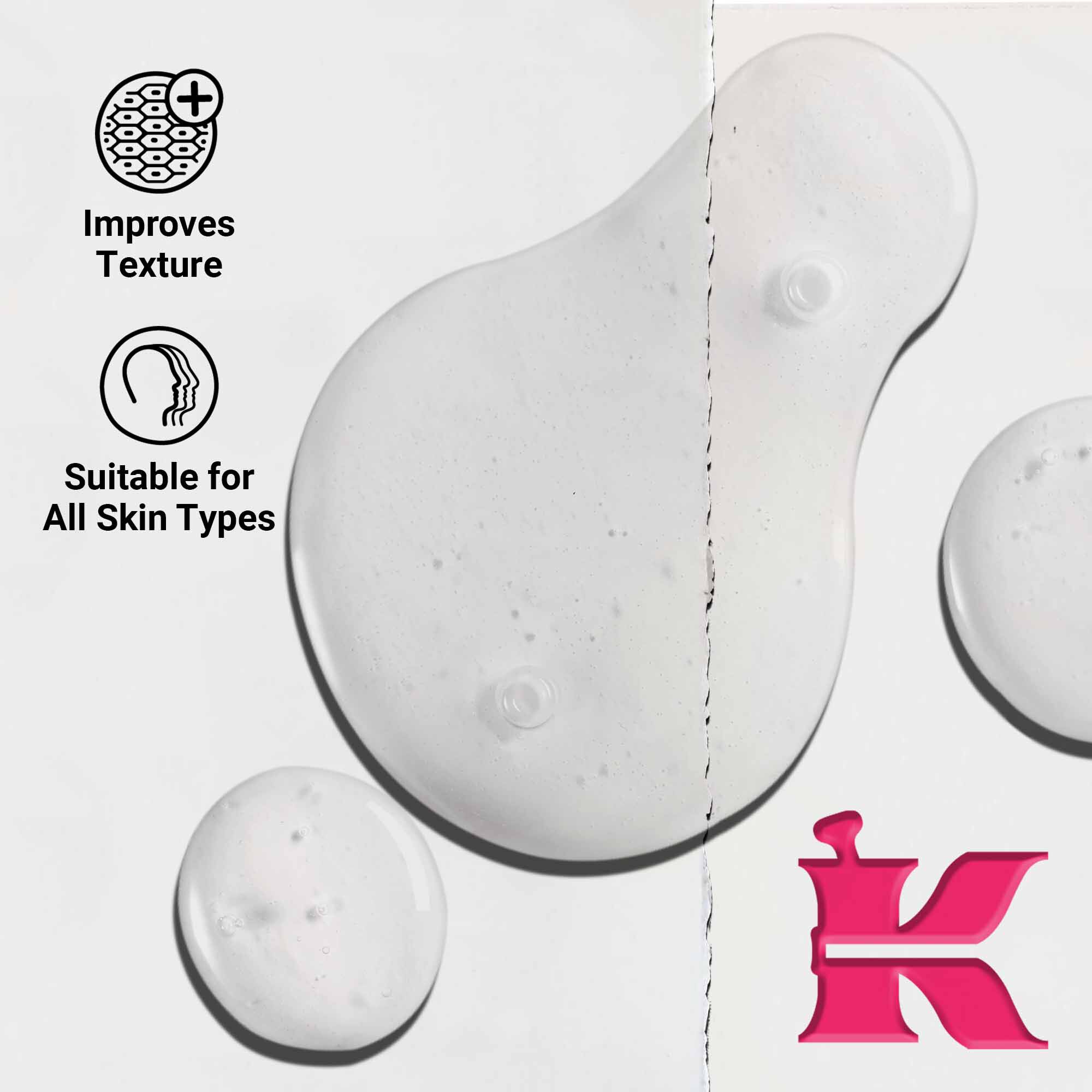 Naerbilde av Ultra Pure 9.8% Glycolic Acid Serum-tekstur som viser klare vaeskedråper. Tekst fremhever evnen til å forbedre tekstur og at den passer for alle hudtyper.