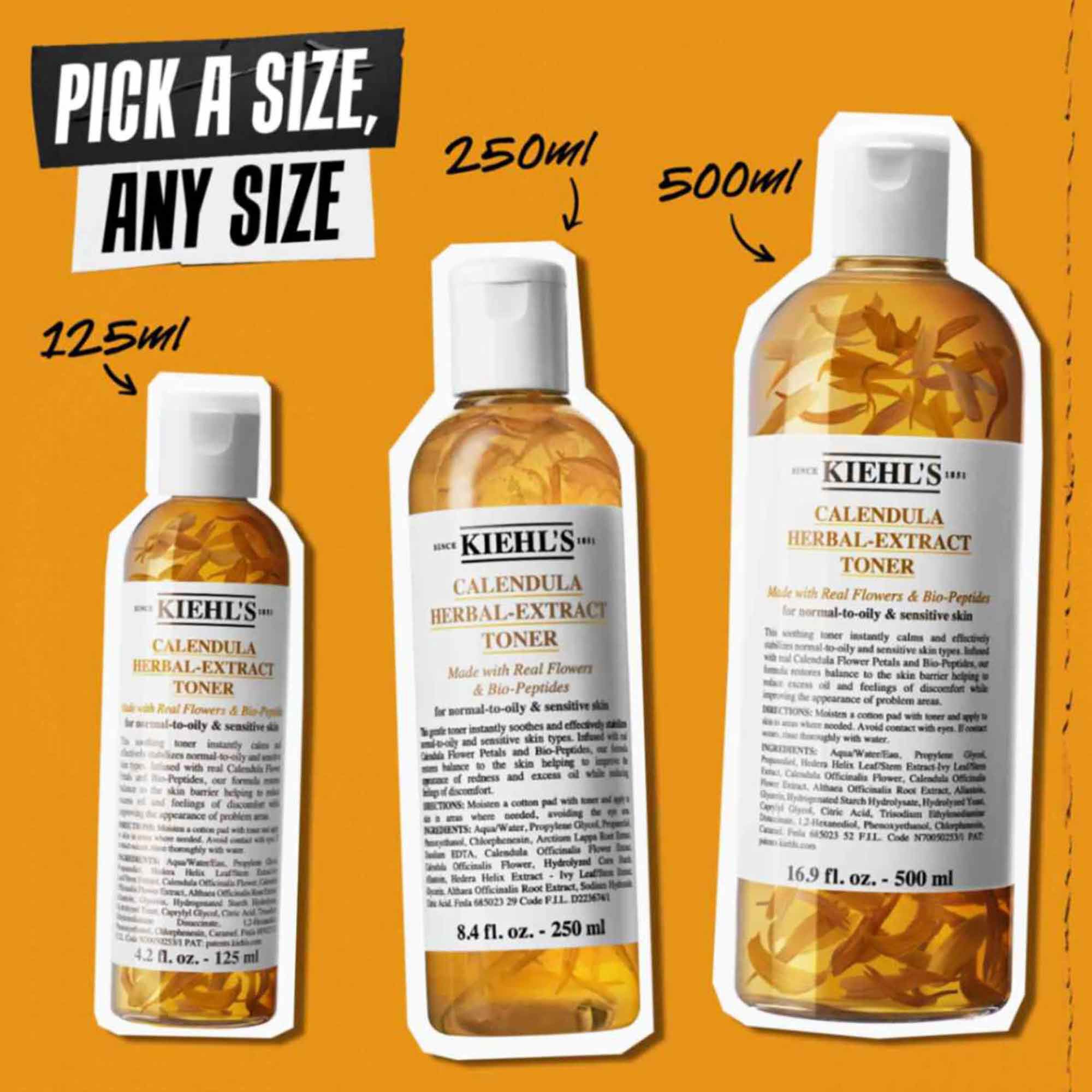 Tre flasker Calendula Herbal-Extract Toner i forskjellige størrelser (125 ml, 250 ml, 500 ml) mot en oransje bakgrunn med teksten "Velg en størrelse, hvilken som helst størrelse."
