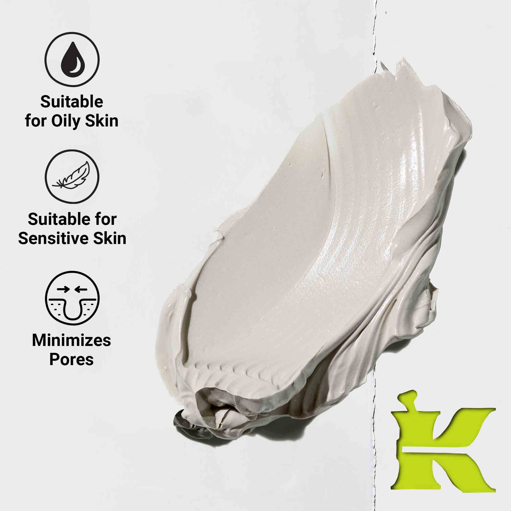 Bilde av tekstur med ikoner som viser at den reduserer porer, inneholder naturlige ingredienser og passer for alle hudtyper