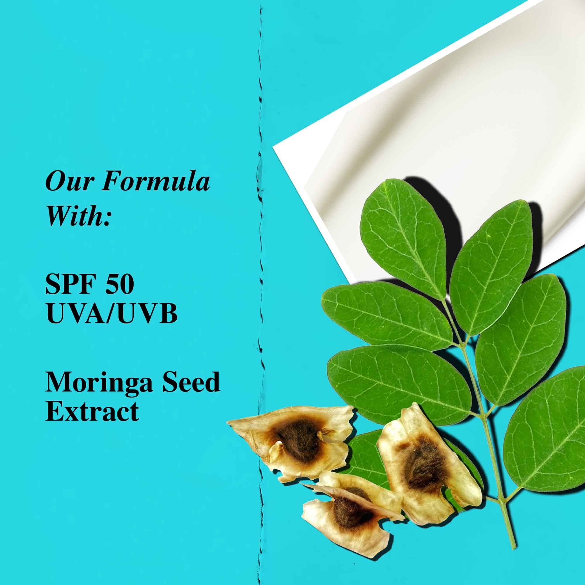 En grafikk som fremhever nøkkelingrediensene i Ultra Light Daily UV Defense Aqua Gel, inkludert SPF 50 og moringafrøekstrakt.