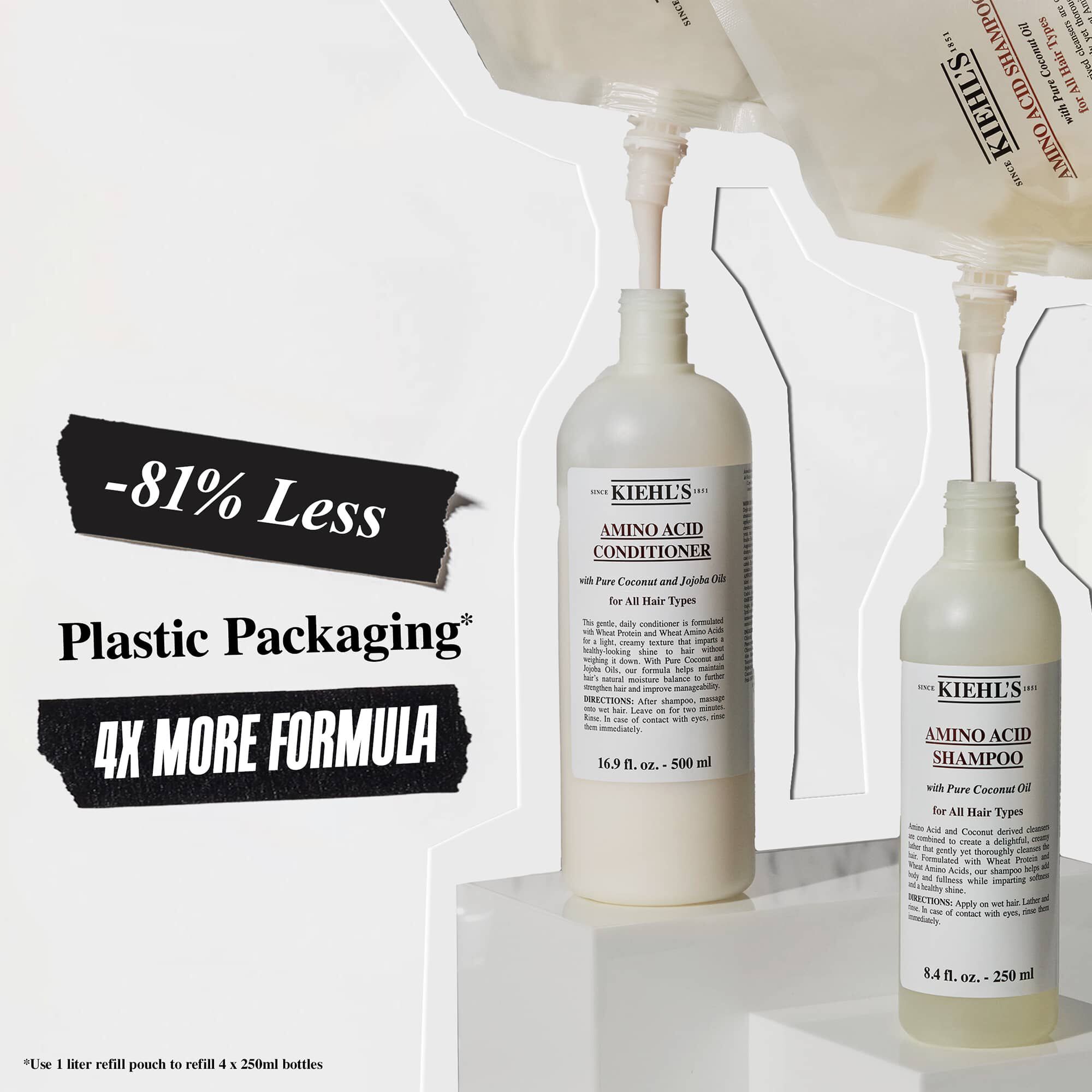 Kiehl's Amino Acid sjampo- og balsamflasker med kampanjetekst som fremhever 81 % mindre plastemballasje og 4 ganger mer formel.