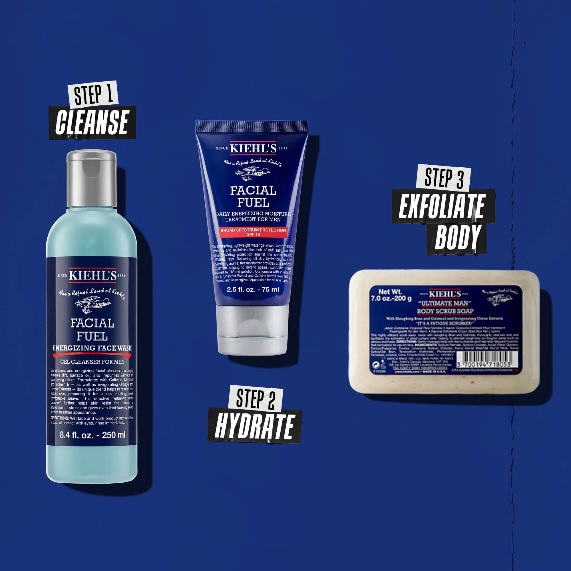 Tre Kiehl's-produkter som representerer en rutine. Fra venstre mot høyre: Facial Fuel Cleanser, Facial Fuel Moisturizer og Ultimate Man Body Scrub Soap.