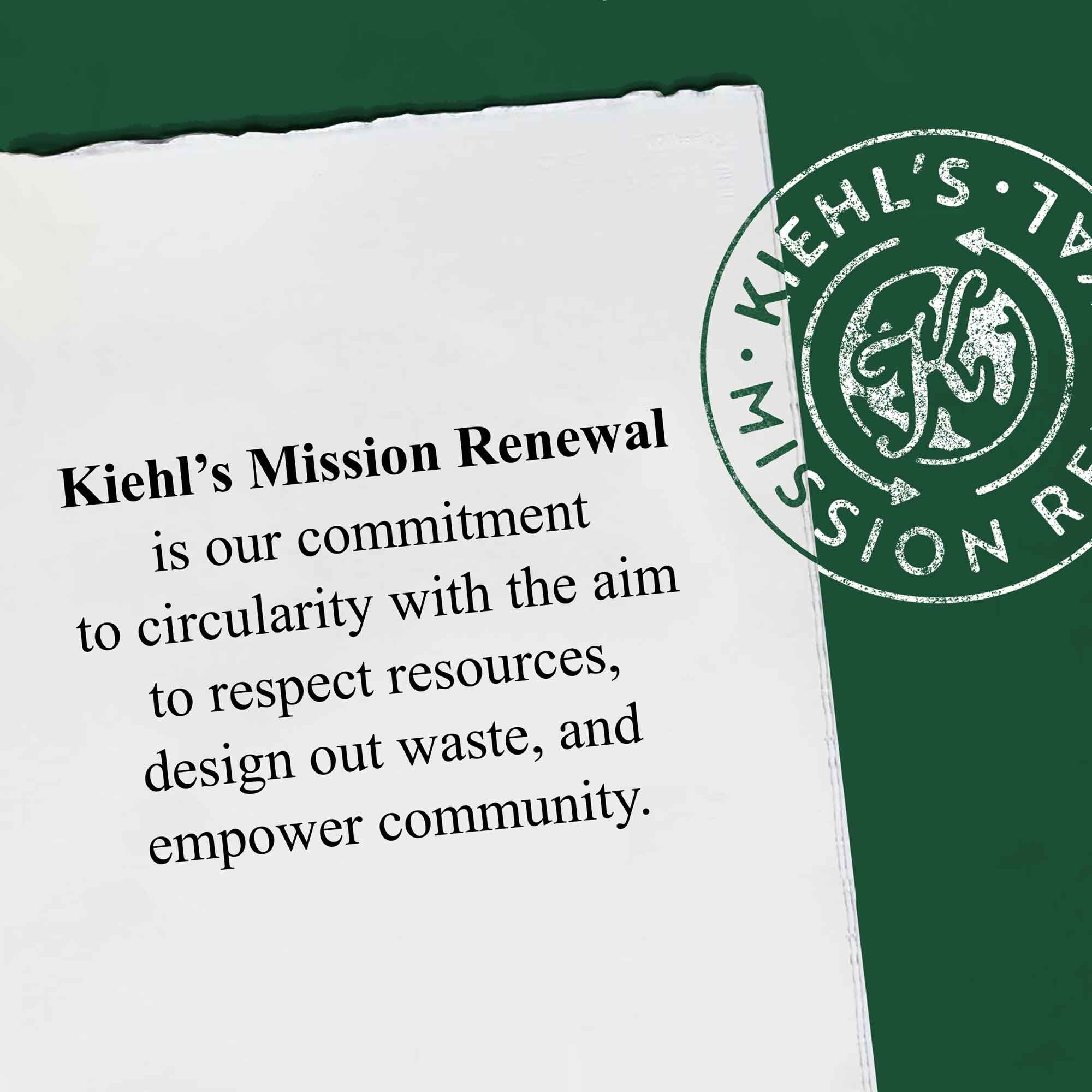 En grafikk som oppsummerer Kiehl's Mission Renewal med tekst om å beskytte ressurser, designe bort avfall og styrke lokalsamfunn.
