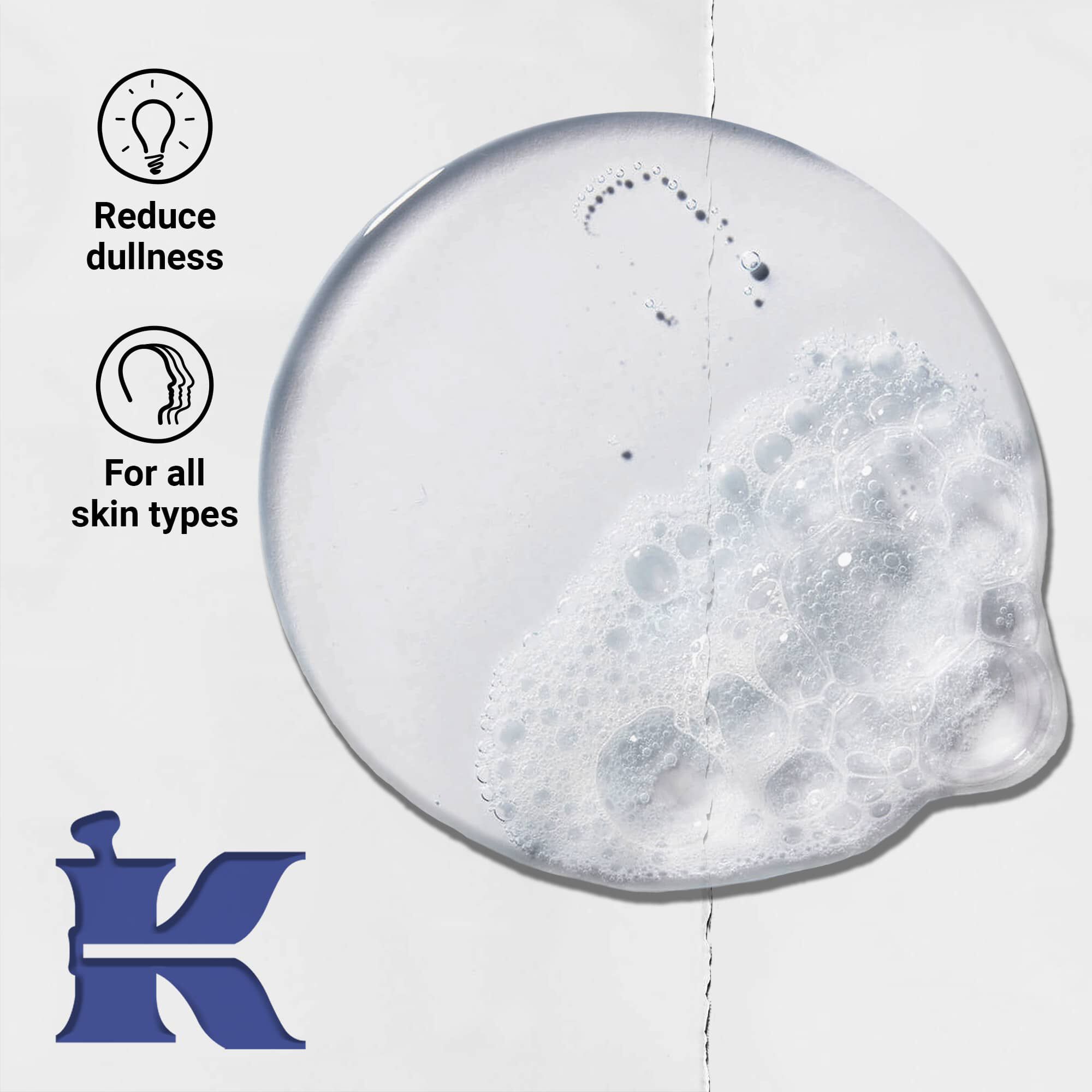 Bilde av Facial Fuel-tekstur med ikoner som viser at den frisker opp livløs hud og passer for alle hudtyper