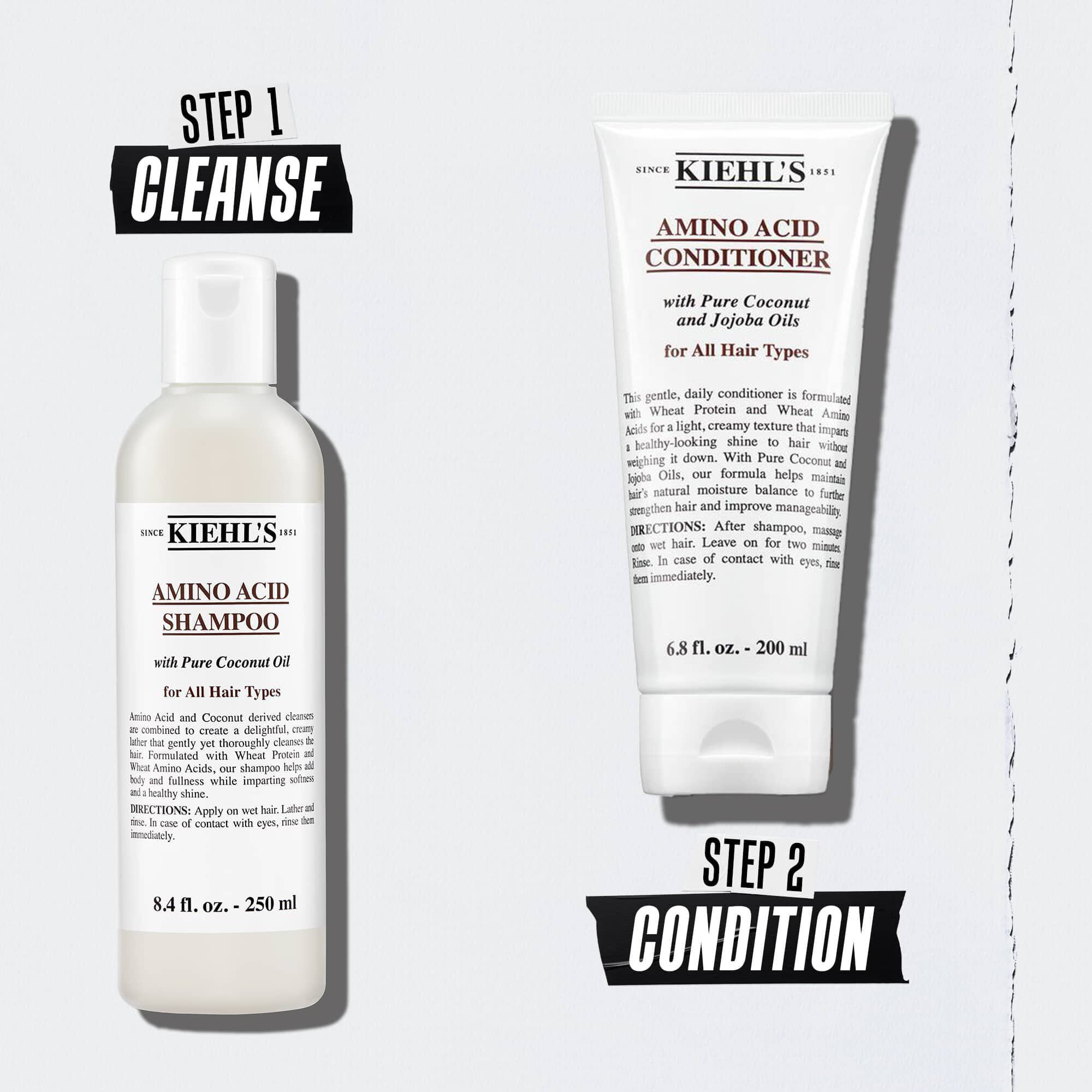 Illustrasjon av Kiehl's Amino Acid hårpleierutine med flasker – Trinn 1 Rens, Trinn 2 Balsam