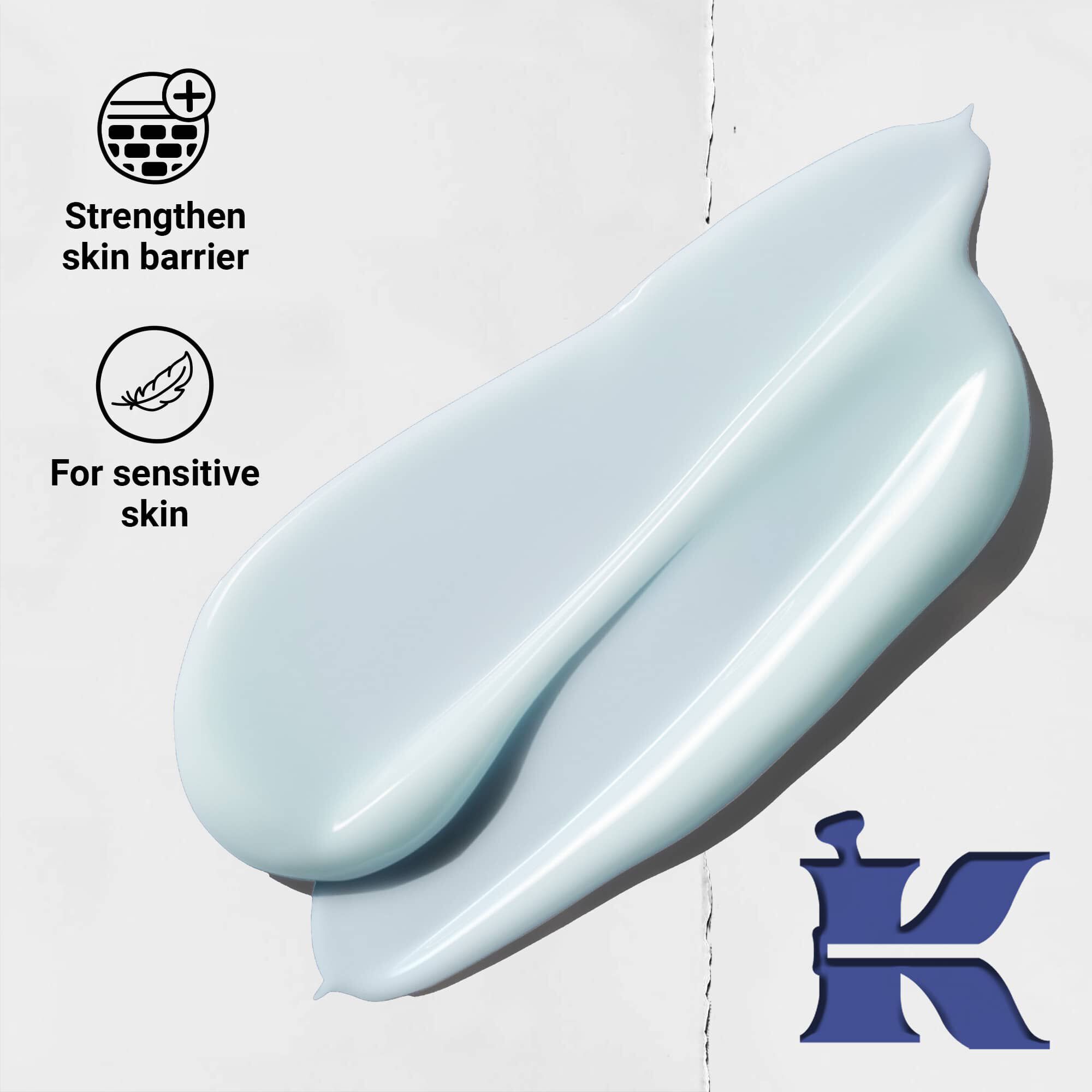 Bilde av Facial Fuel-tekstur med ikoner som viser at den styrker hudbarrieren og passer for sensitiv hud