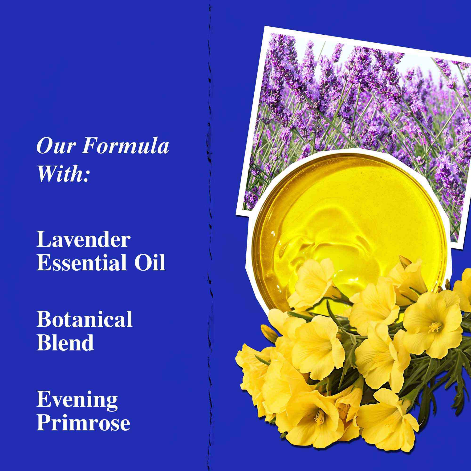 Nøkkelingredienser i Midnight Recovery Concentrate, som fremhever eterisk lavendelolje, nattlysolje og squalan.