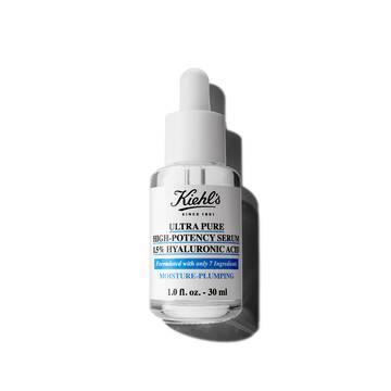 En 30 ml flaske med Kiehl's Ultra Pure 1.5% Hyaluronic Acid Serum mot en hvit bakgrunn.
