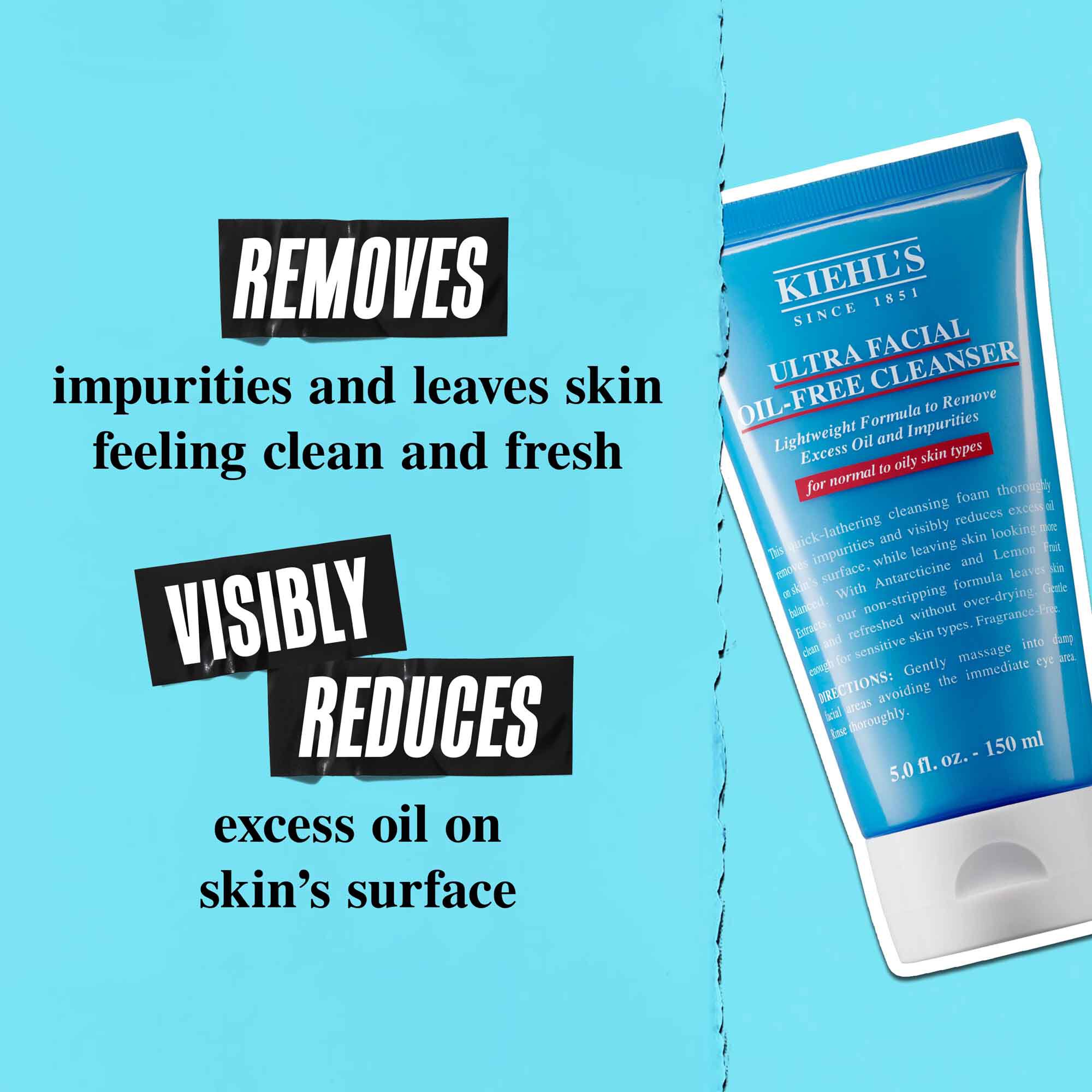 En tube Ultra Facial Oil-Free Cleanser mot en blå bakgrunn med teksten "Fjerner olje og etterlater huden synlig redusert for overflødig olje på hudens overflate."