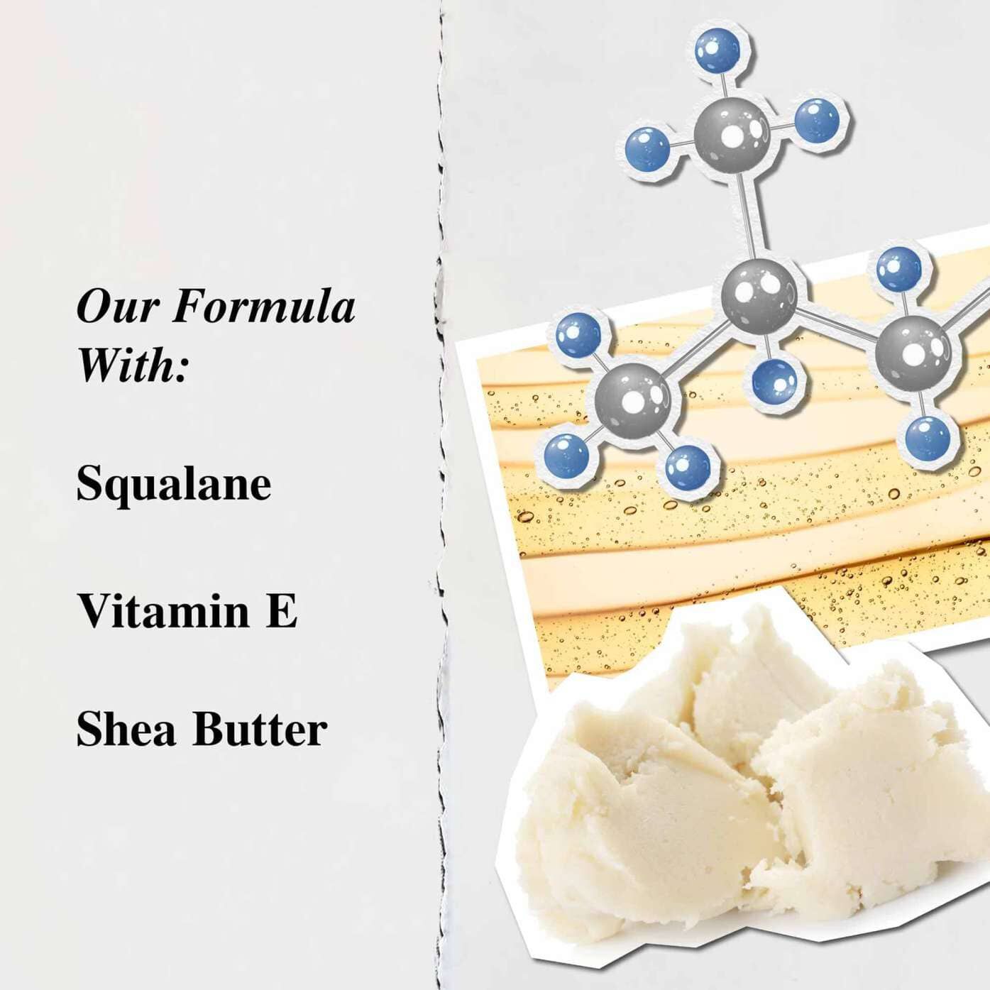 En grafikk som fremhever nøkkelingrediensene i Lip Balm #1: Sheasmør, Squalane og vitamin E.