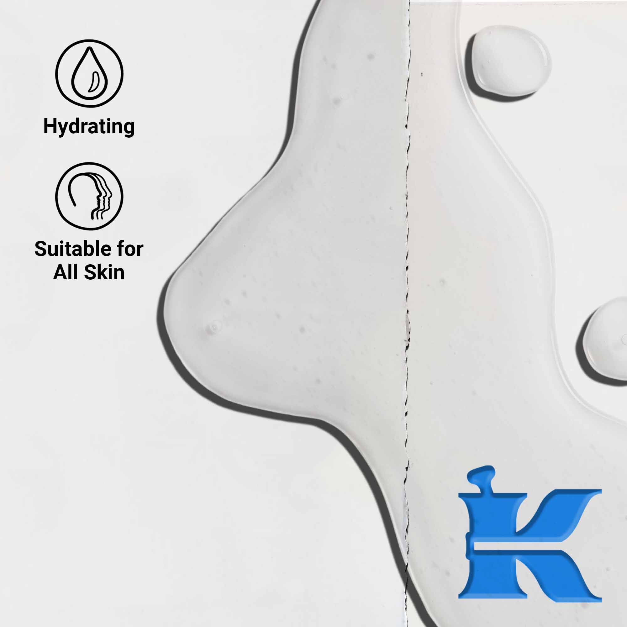 Naerbilde av Ultra Pure 1.5% Hyaluronic Acid Serum-tekstur som viser klare vaeskedråper. Tekst fremhever fuktighetsgivende fordeler og at den passer for alle hudtyper.