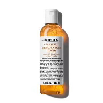 En 250 ml flaske med Kiehl's Calendula Herbal-Extract Toner med en klar vaeske og gylden fargetone.