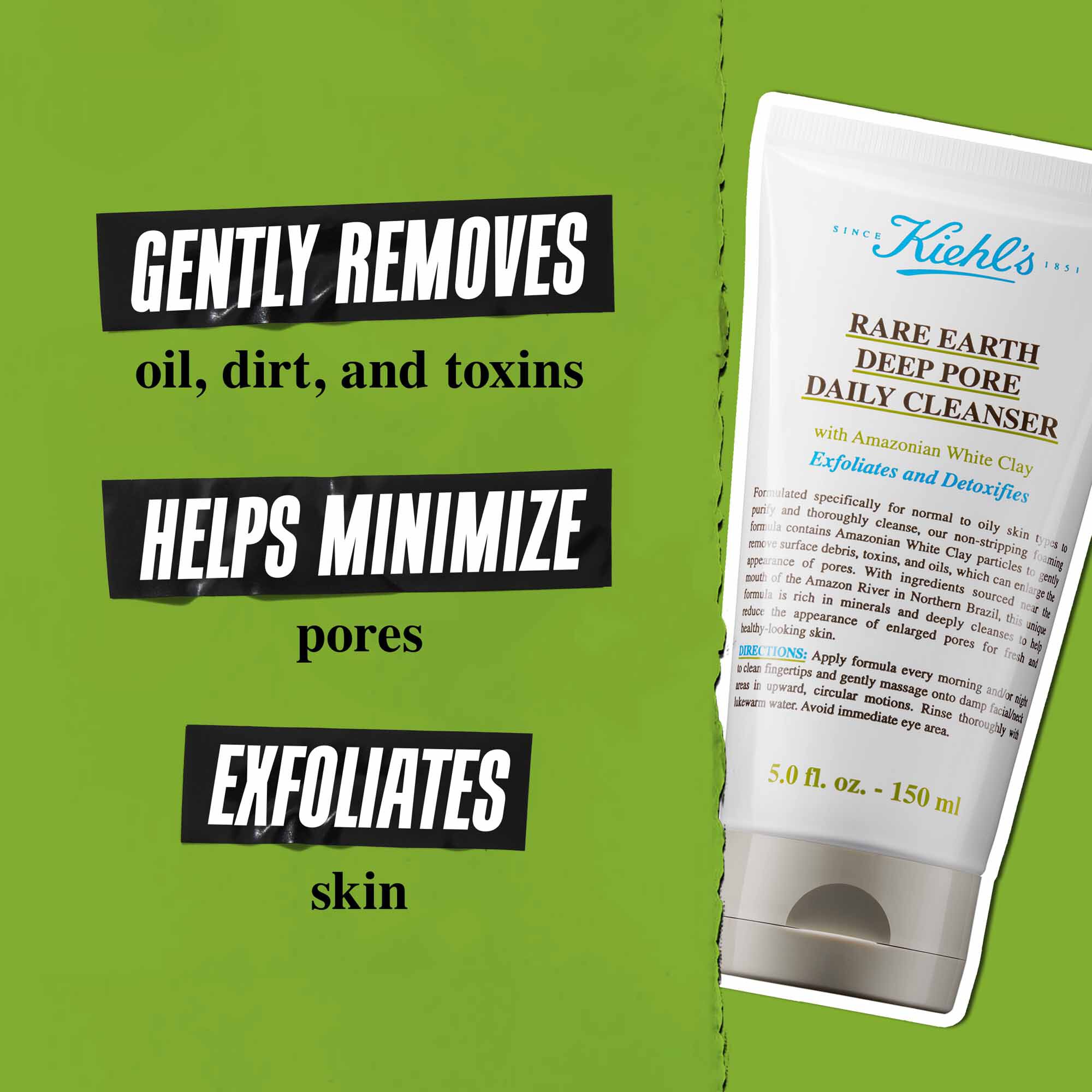 En tube Rare Earth Deep Pore Daily Cleanser mot en grønn bakgrunn med teksten "Fjerner skånsomt smuss, olje og giftstoffer. Holder porene minimert. Eksfolierer og dyprenser huden."