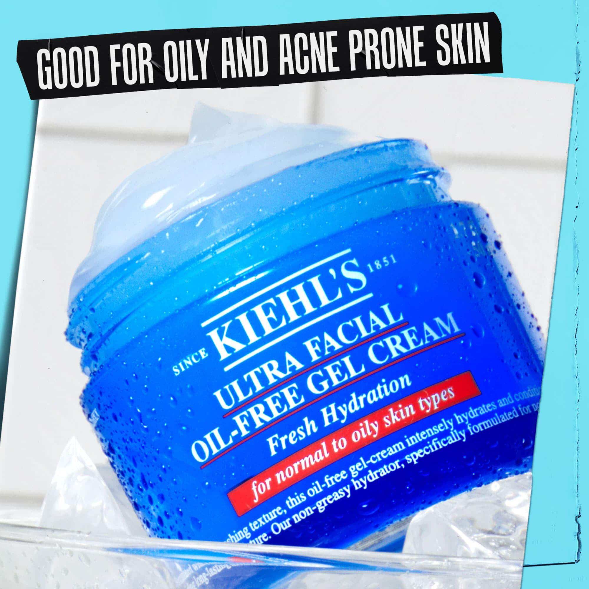 En krukke med Ultra Facial Oil-Free Gel Cream merket "Bra for fet og akneutsatt hud."