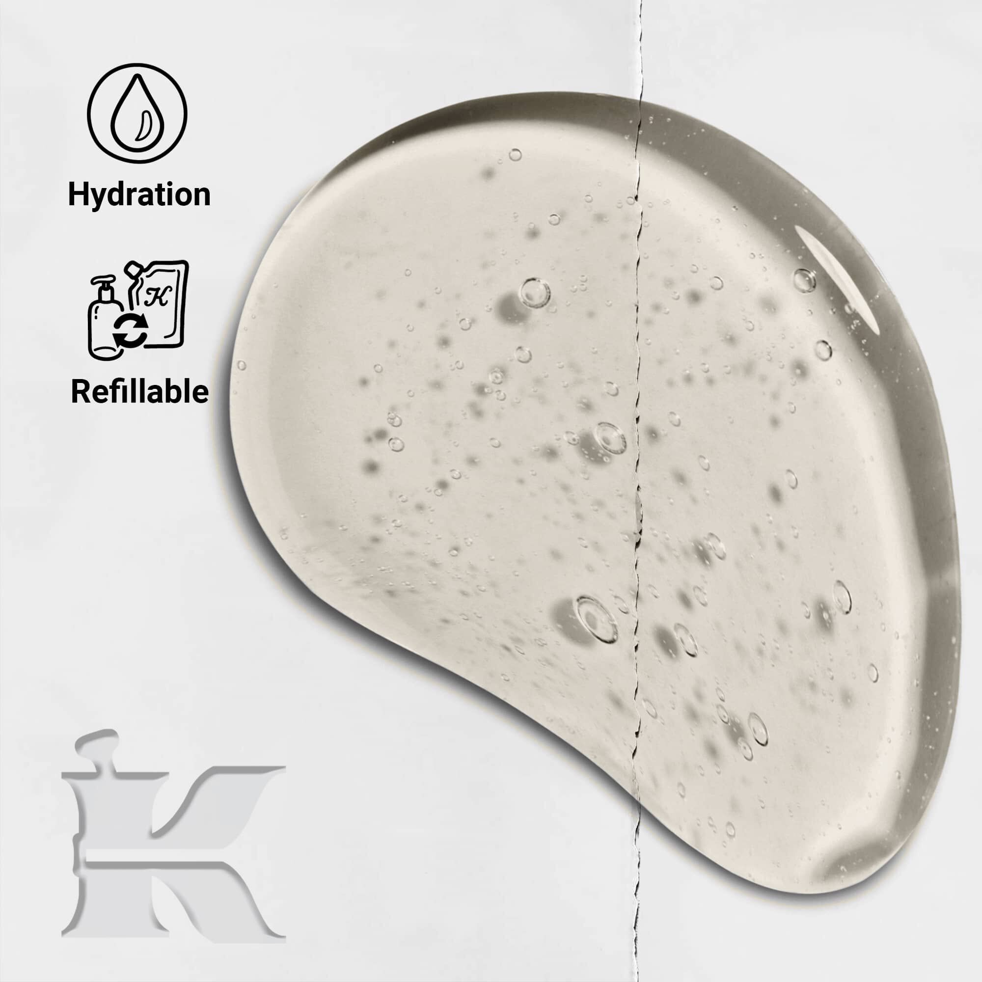 Foto av Amino Acid Shampoo-tekstur med ikoner som viser at den kan påfylles og gir fuktighet