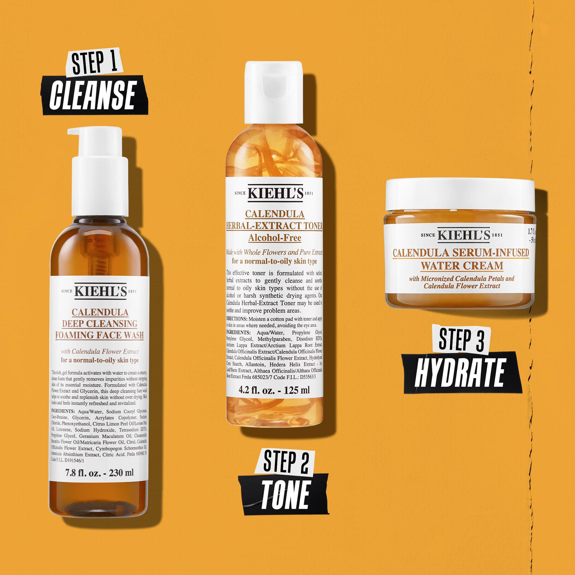 Illustrasjon av rutine med Kiehl's Calendula Foaming Face Wash – Rens, Tone, Fukt