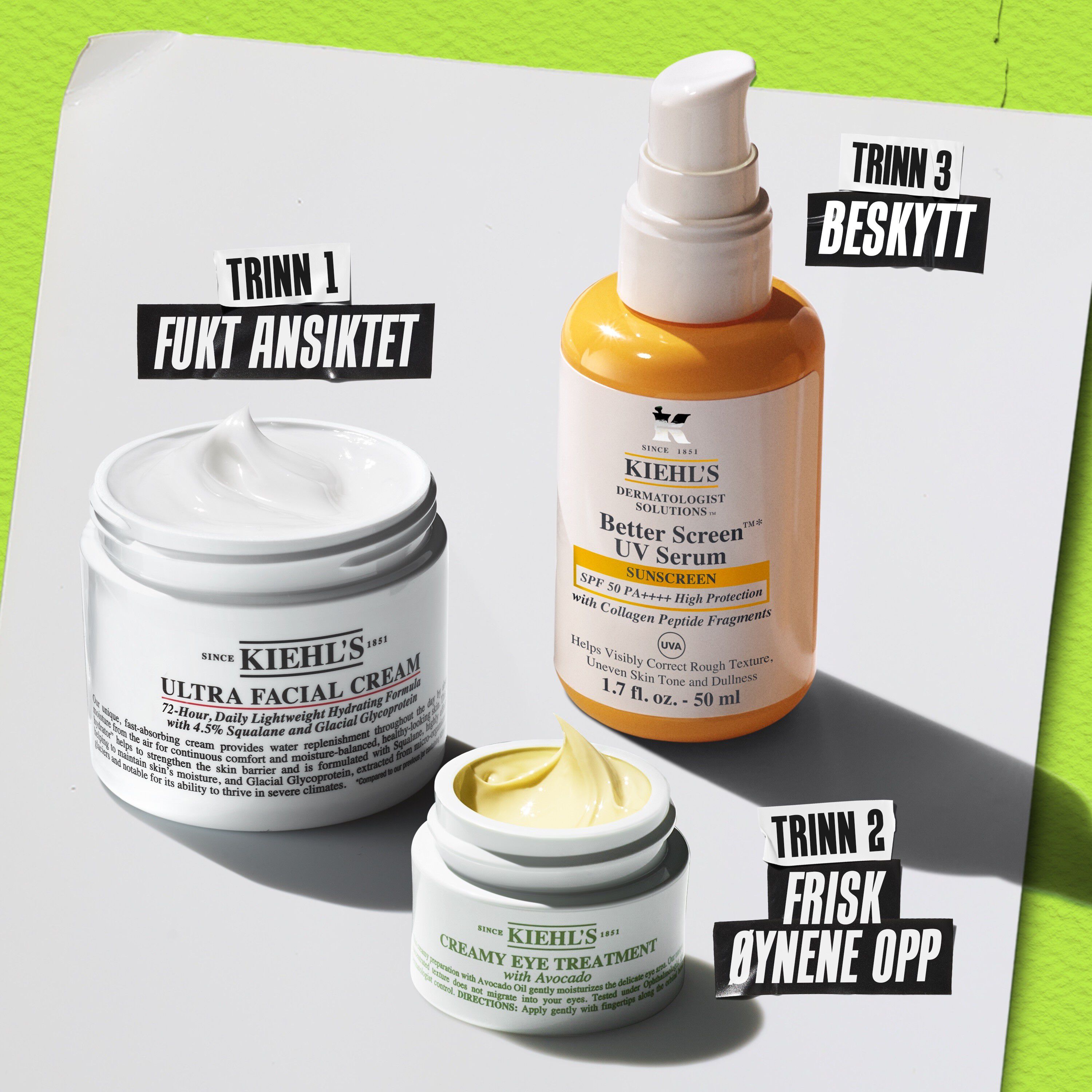Rutine med Kiehl's Creamy Eye Treatment with Avocado – Trinn 1 Rens, Trinn 2 Behandle, Trinn 3 Fukt