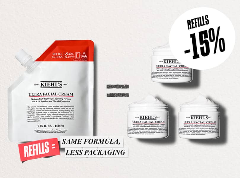 En Kiehl's Ultra Facial Cream Refill, samt 3 Ultra Facial Cream-krukker. Fokus på 15% rabatt og mindre plastbruk.