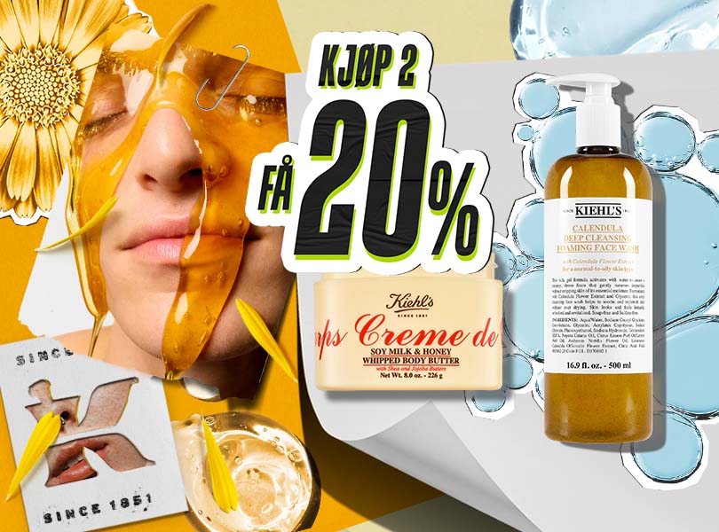 Reklame for Kiehl's Ultra Facial Cream med fokus på miljøvennlighet og redusert plastbruk. Spar opp til 35%.