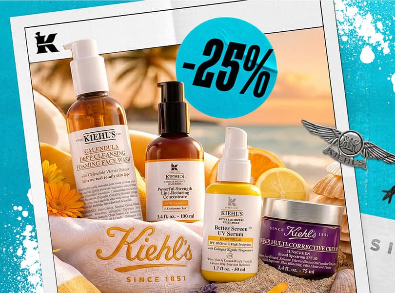 Kiehl's hudpleieprodukter, inkludert ansiktsvask, serum og krem med 25% rabattmerke, mot en solnedgang på stranden.