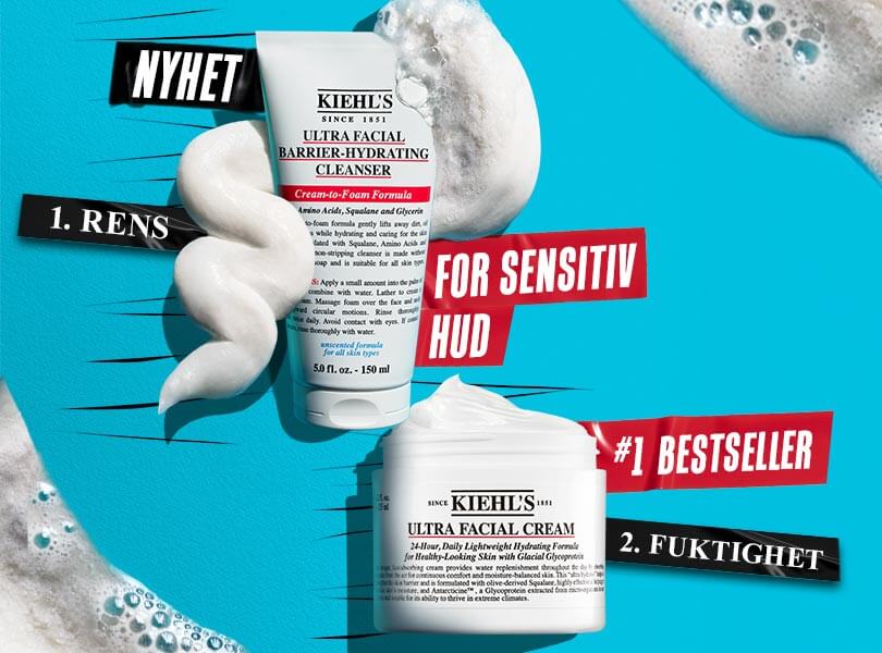 Billede med Kiehl's nyhed, Ultra Facial Barrier Cleanser, og Kiehl's bestseller, Ultra Facial Cream.