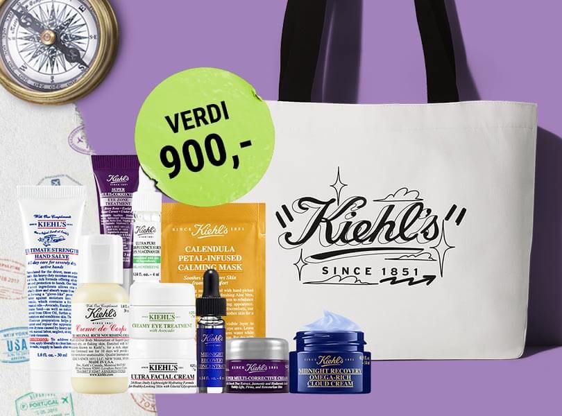 Bilde med 9 produkter i reisestørrelse fra Kiehl's, samt en goodiebag. Dette får du inkludert ved bestillinger over 1400 kr.