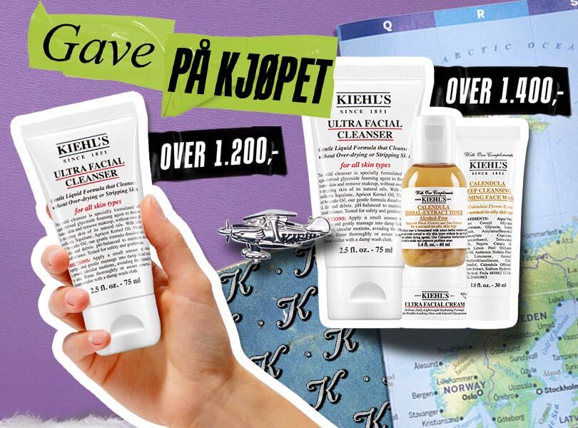Banner fra Kiehl's som promoterer et tilbud på en 75ml Ultra Facial Cleanser og tre produkter i reisestørrelse, på en reisebakgrunn med stempler.