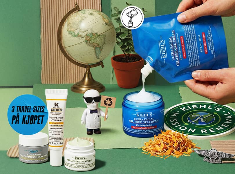Hender som heller Kiehl's Ultra Facial Oil-Free Gel Cream med andre Kiehl's hudpleieprodukter, en globus, en plante og en liten figur på grønn bakgrunn